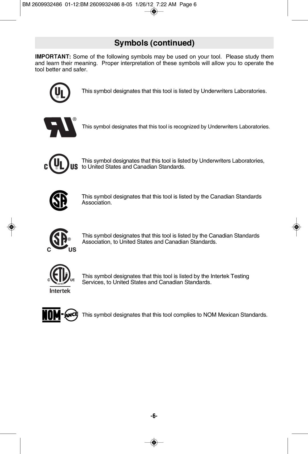 Bosch Power Tools 1293d manual Symbols 