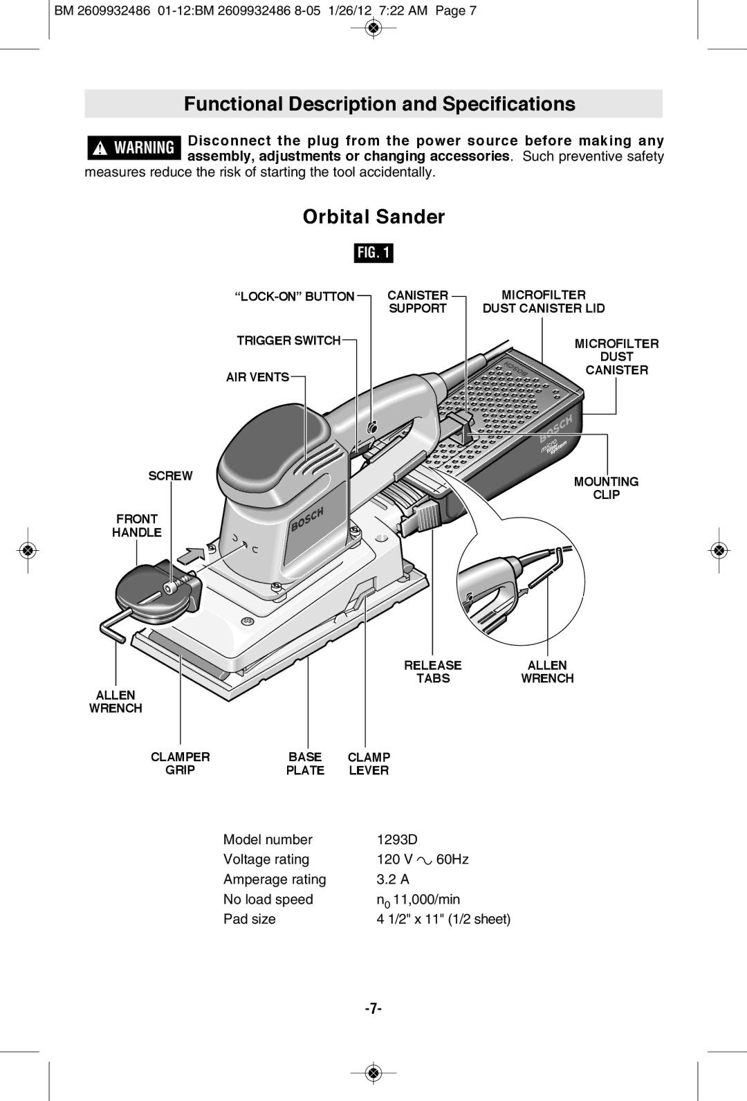 Bosch Power Tools 1293d manual Functional Description and Specifications, Orbital Sander 