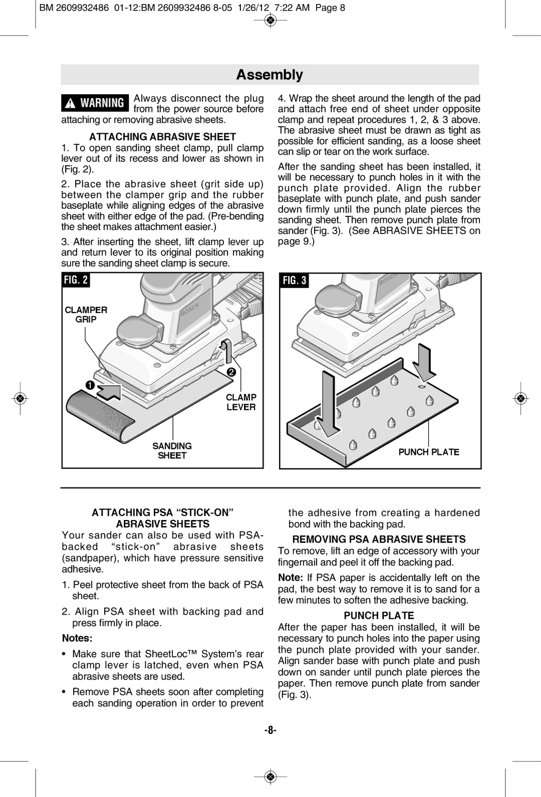 Bosch Power Tools 1293d manual Assembly, Attaching Abrasive Sheet, Attaching PSA STICK-ON Abrasive Sheets, Punch Plate 