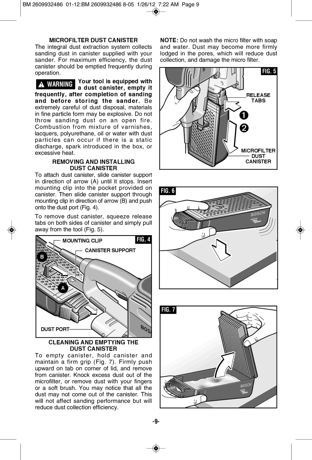 Bosch Power Tools 1293d manual Microfilter Dust Canister, Removing and Installing Dust Canister 