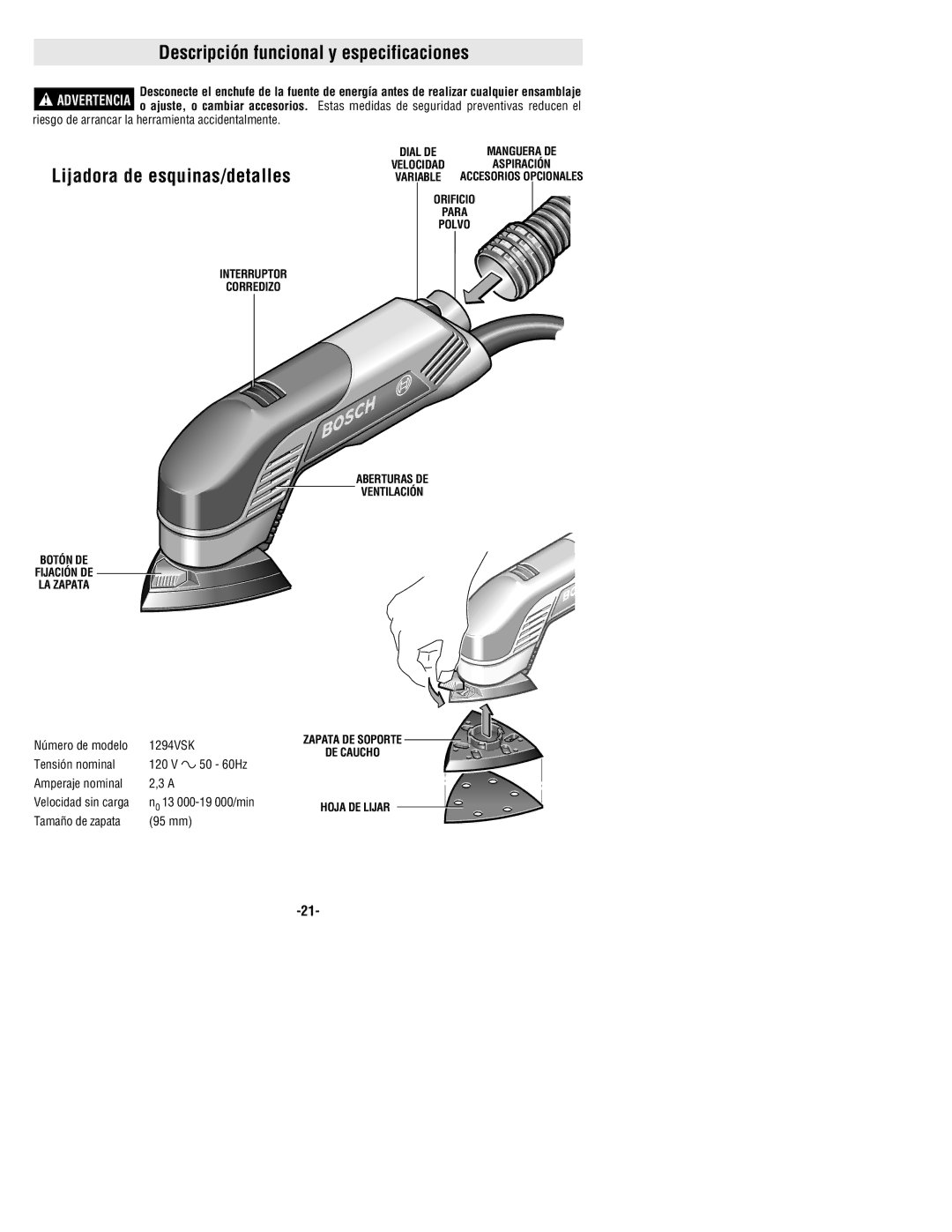 Bosch Power Tools 1294VSK manual Descripción funcional y especificaciones, Lijadora de esquinas/detalles, Número de modelo 