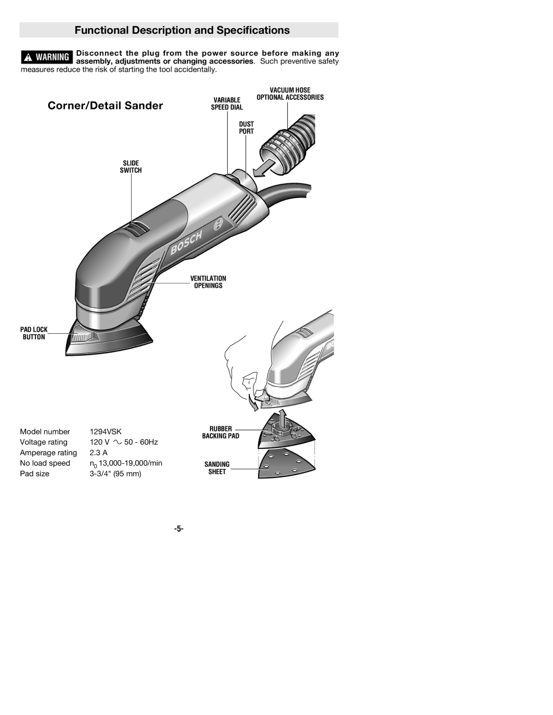 Bosch Power Tools 1294VSK manual Functional Description and Specifications, Corner/Detail Sander 