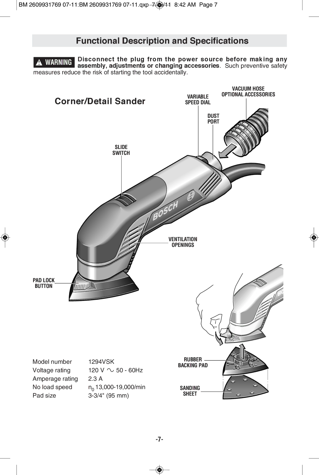 Bosch Power Tools 1294VSK manual Functional Description and Specifications, Corner/Detail Sander 