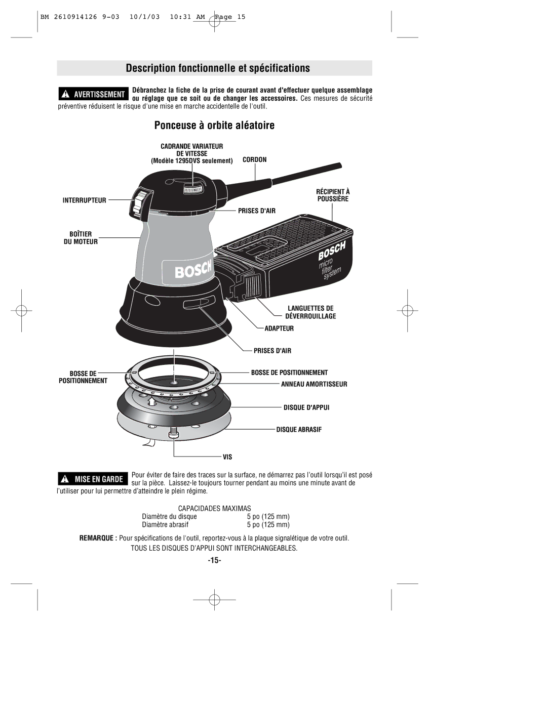 Bosch Power Tools 1295DH, 1295DP, 1295DVS manual Description fonctionnelle et spécifications, Ponceuse à orbite aléatoire 