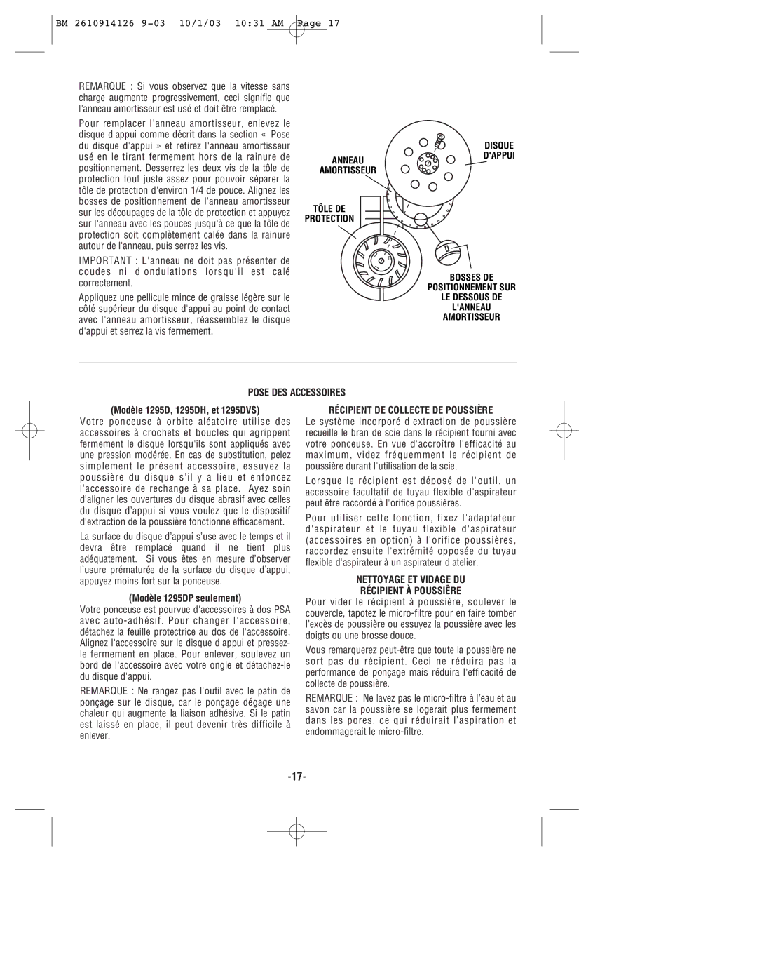 Bosch Power Tools manual Pose DES Accessoires, Modèle 1295D, 1295DH, et 1295DVS, Modèle 1295DP seulement 