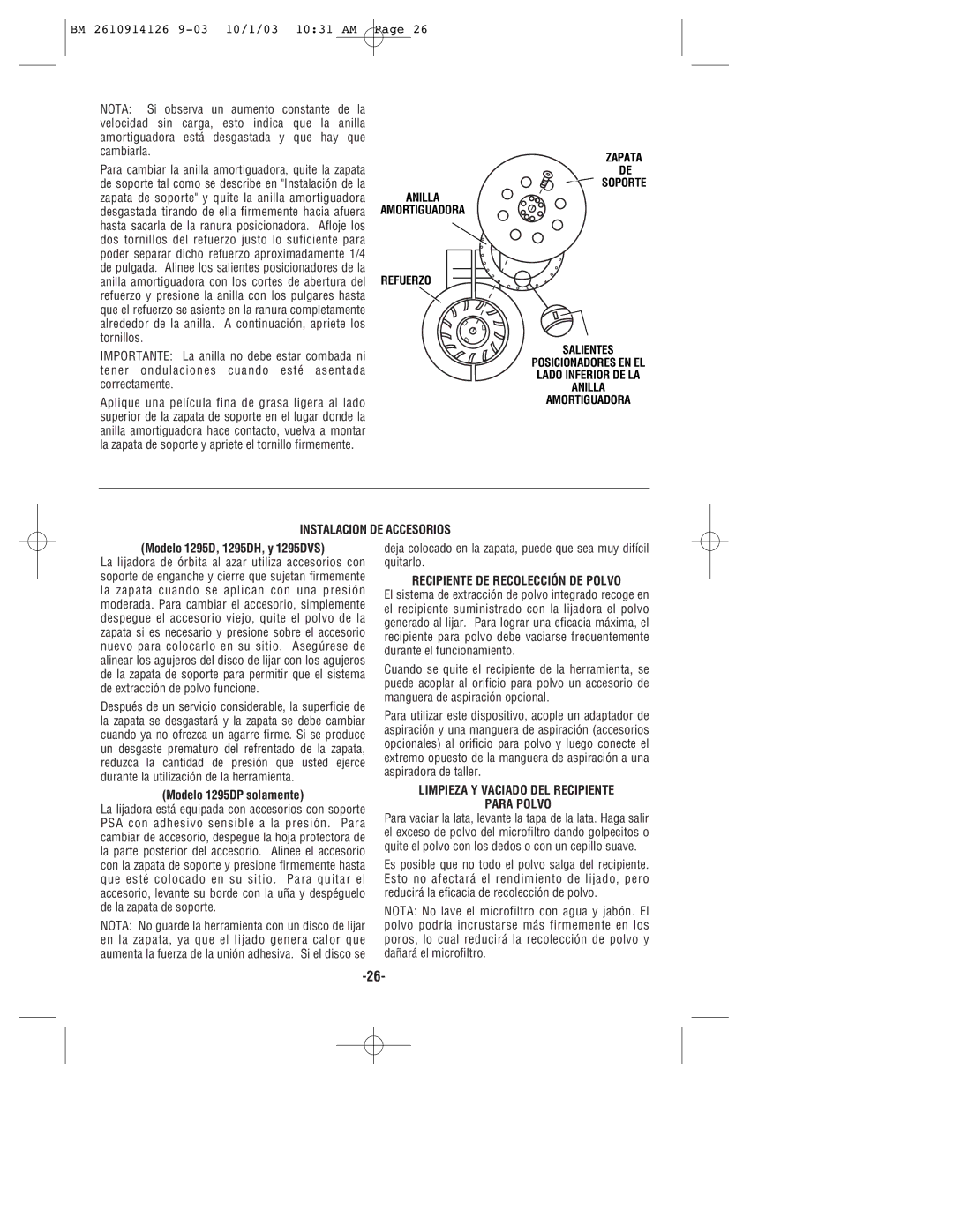 Bosch Power Tools manual Instalacion DE Accesorios, Modelo 1295D, 1295DH, y 1295DVS, Modelo 1295DP solamente 