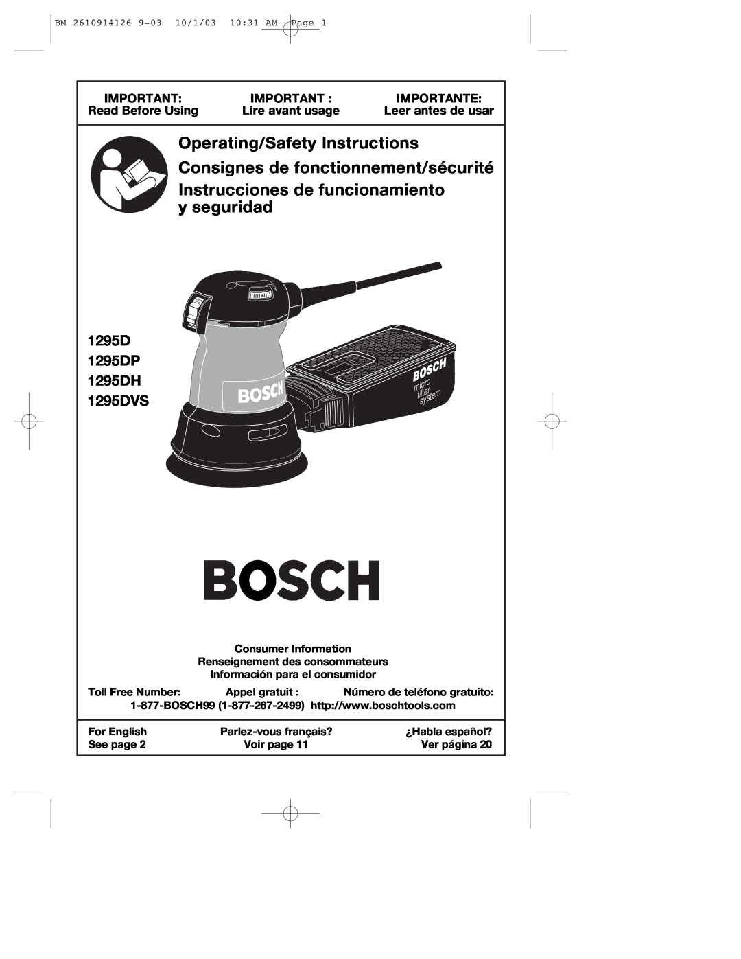Bosch Power Tools manual 1295D 1295DP 1295DH 1295DVS, Importante, Read Before Using, Lire avant usage 