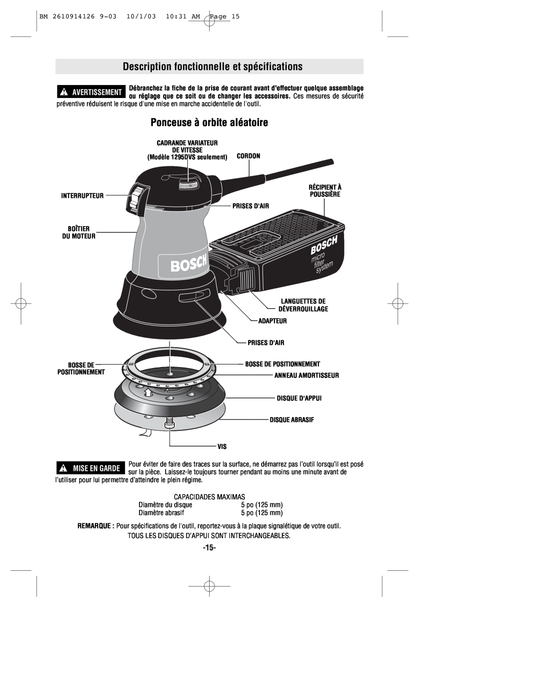 Bosch Power Tools 1295DH Description fonctionnelle et spécifications, Ponceuse à orbite aléatoire, 10/1/03 1031 AM Page 