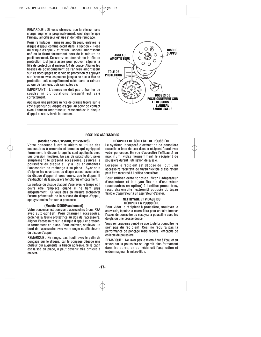 Bosch Power Tools manual Pose Des Accessoires, Modèle 1295D, 1295DH, et 1295DVS, Modèle 1295DP seulement 