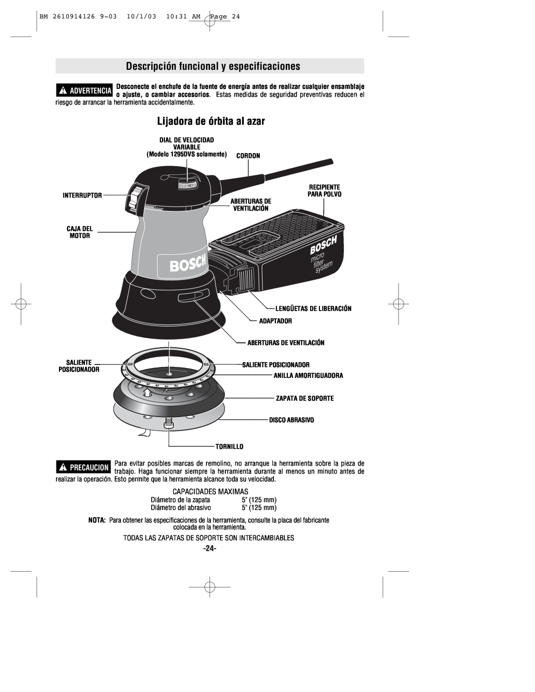 Bosch Power Tools 1295DH, 1295DP, 1295DVS manual Descripción funcional y especificaciones, Lijadora de órbita al azar, Cordon 