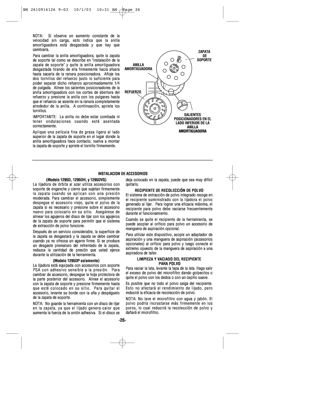 Bosch Power Tools manual Instalacion De Accesorios, Modelo 1295D, 1295DH, y 1295DVS, Modelo 1295DP solamente 