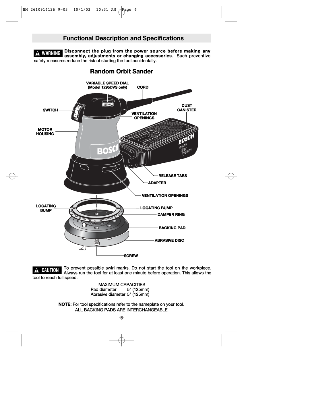Bosch Power Tools 1295DH, 1295DP, 1295DVS manual Functional Description and Specifications, Random Orbit Sander 