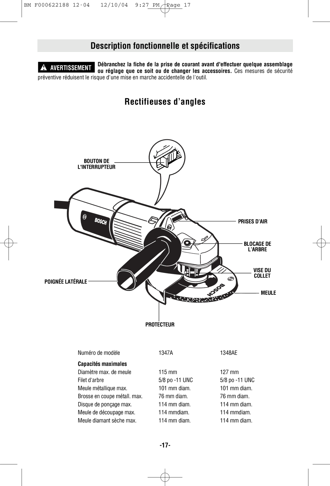 Bosch Power Tools 1347A, 1348AE Description fonctionnelle et spécifications, Rectifieuses d’angles, Capacités maximales 