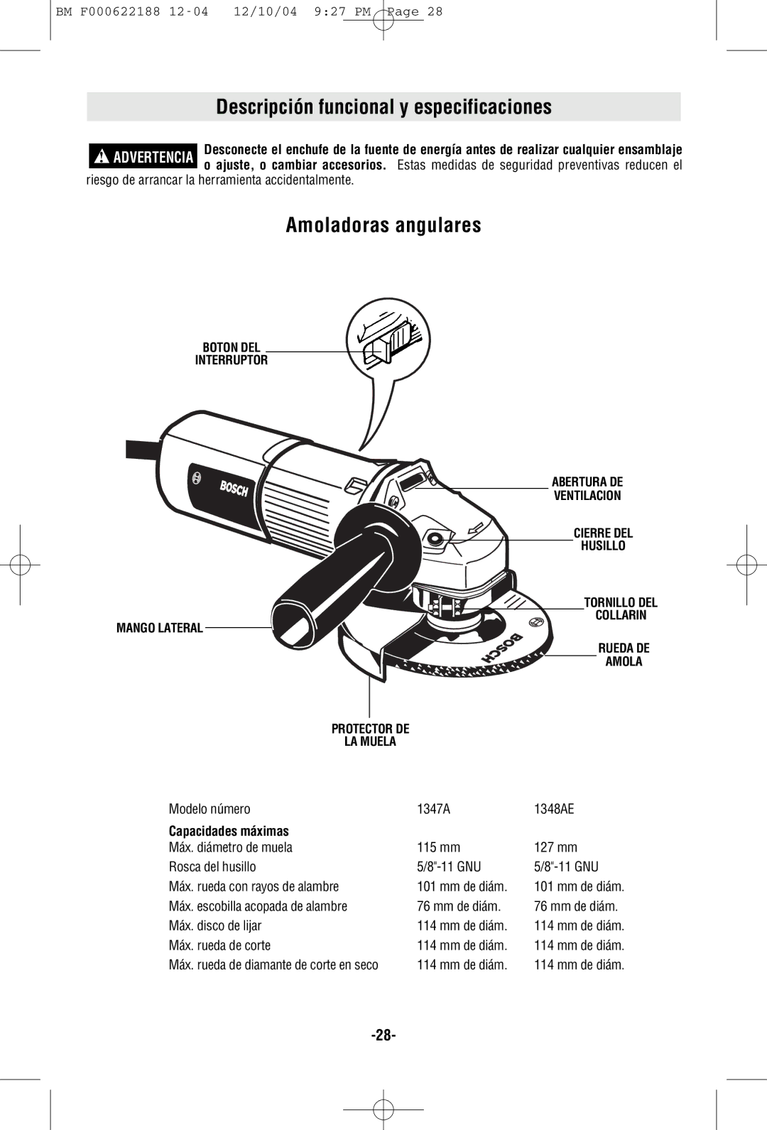 Bosch Power Tools manual Descripción funcional y especificaciones, Amoladoras angulares, Modelo número 1347A 1348AE 