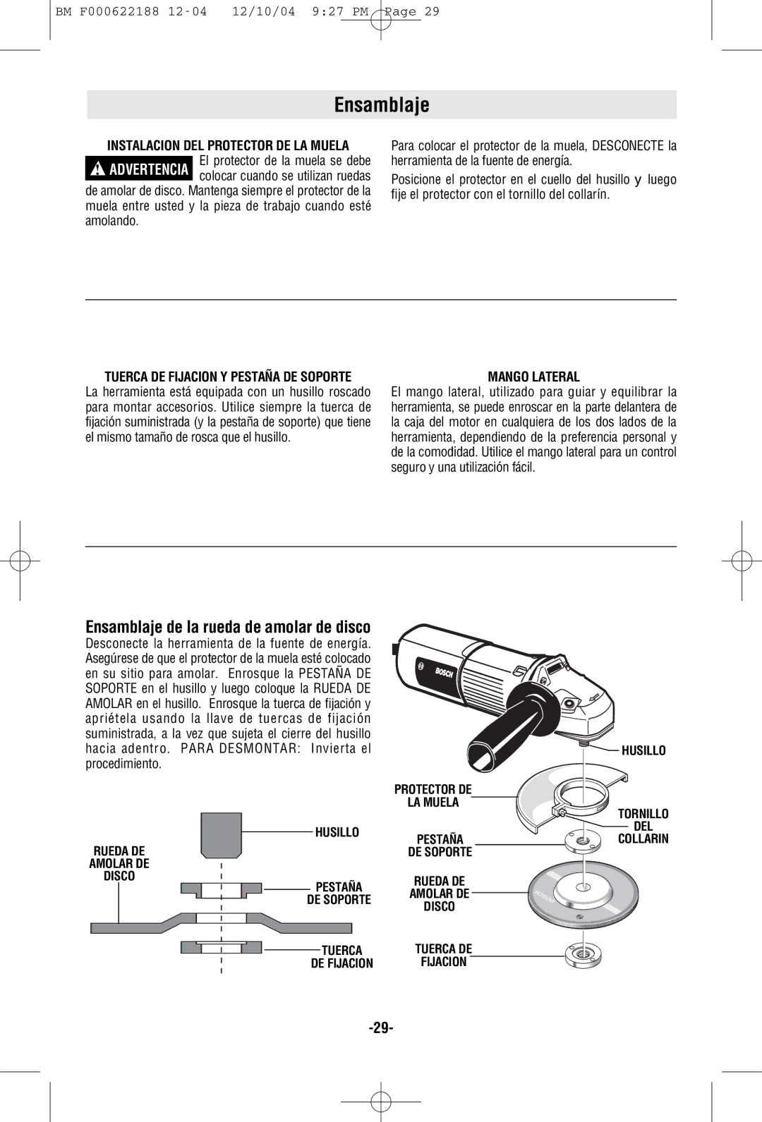 Bosch Power Tools 1347A, 1348AE manual Ensamblaje, Mango Lateral, Tuerca DE Fijacion Y Pestaña DE Soporte, LA Muela 