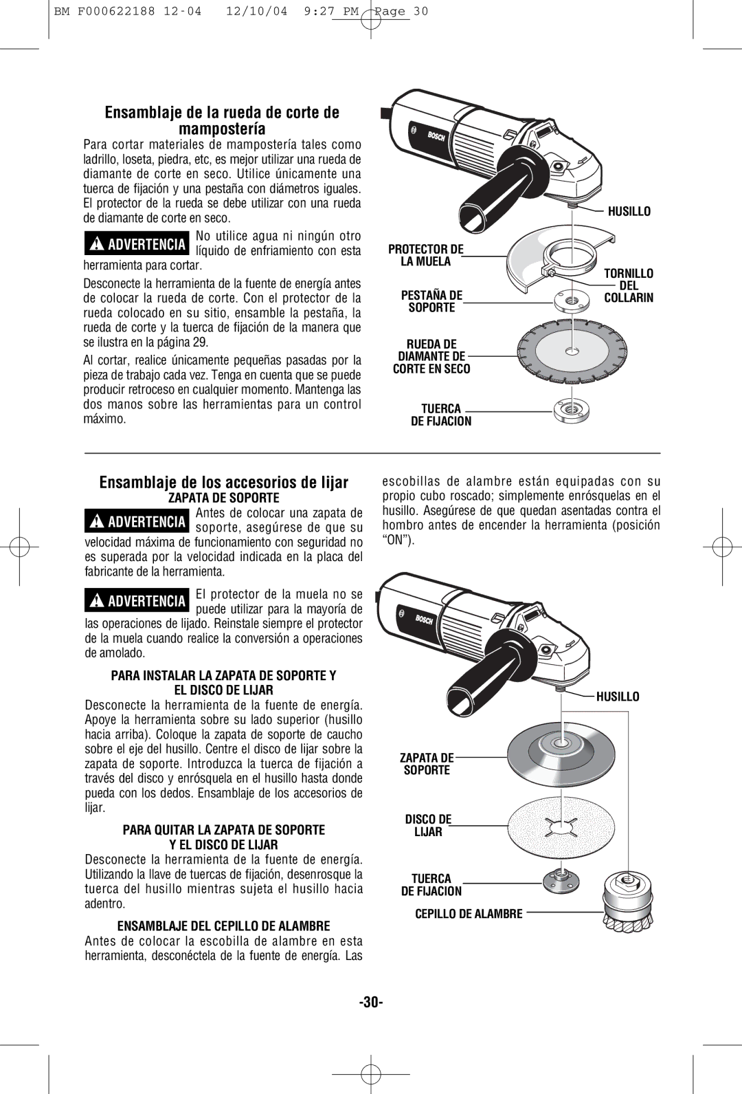 Bosch Power Tools 1348AE, 1347A manual Ensamblaje de la rueda de corte de Mampostería, Zapata DE Soporte, EL Disco DE Lijar 