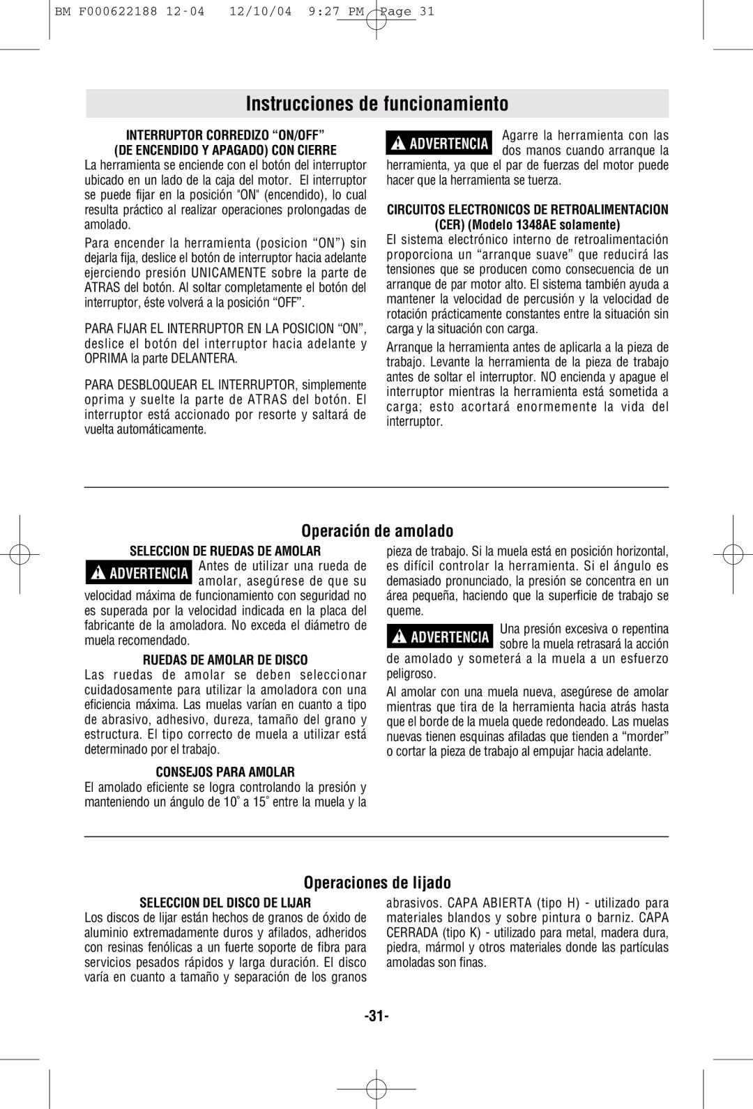 Bosch Power Tools 1347A, 1348AE manual Instrucciones de funcionamiento, Operación de amolado, Operaciones de lijado 