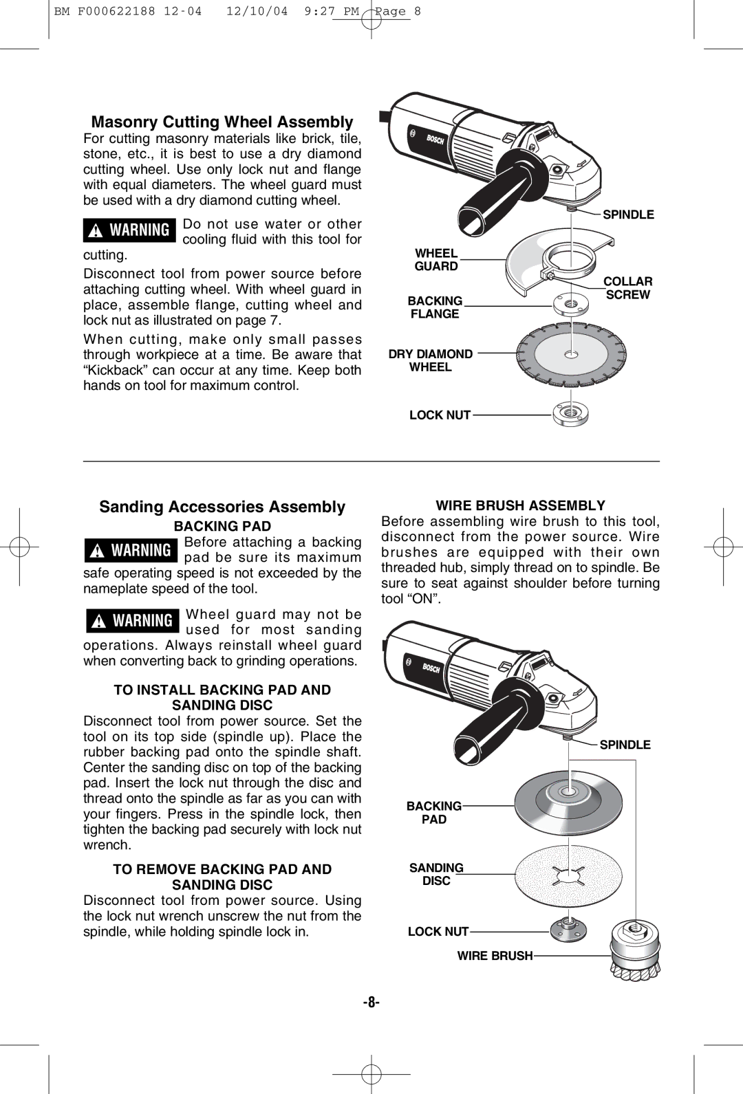 Bosch Power Tools 1348AE, 1347A manual Masonry Cutting Wheel Assembly, Sanding Accessories Assembly 