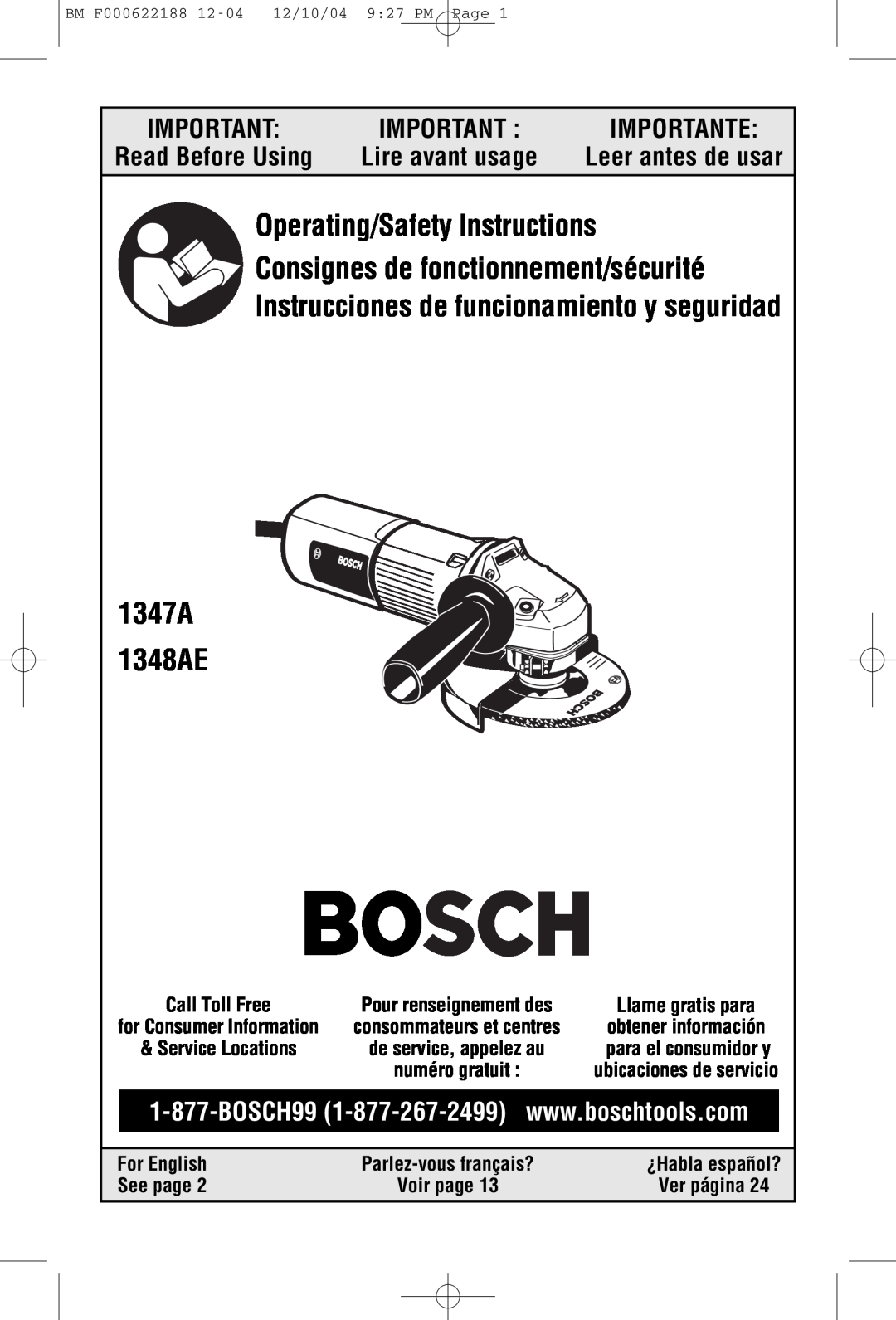 Bosch Power Tools 1347A manual For English, Parlez-vous français?, See page, Call Toll Free, ¿Habla español?, Voir page 