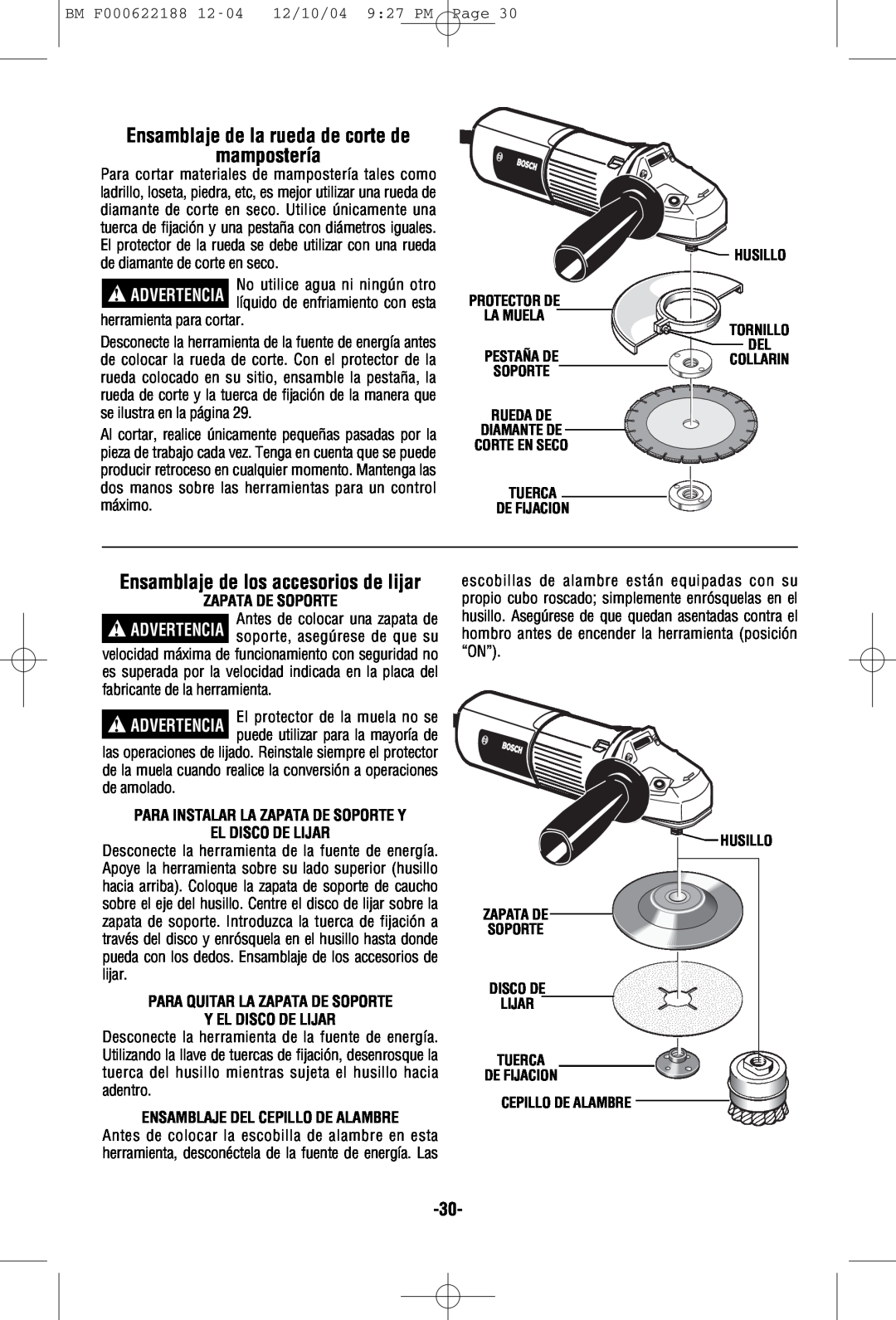 Bosch Power Tools 1348AE, 1347A manual Ensamblaje de la rueda de corte de mampostería, Ensamblaje de los accesorios de lijar 