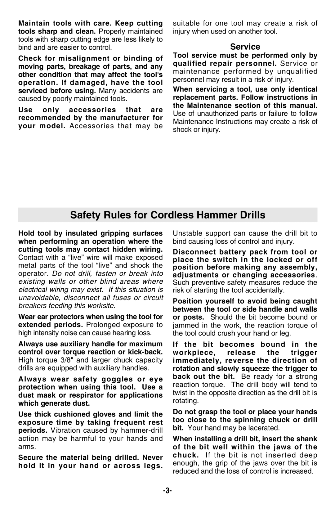 Bosch Power Tools 13614, 13618, 13624 manual Safety Rules for Cordless Hammer Drills, Service 