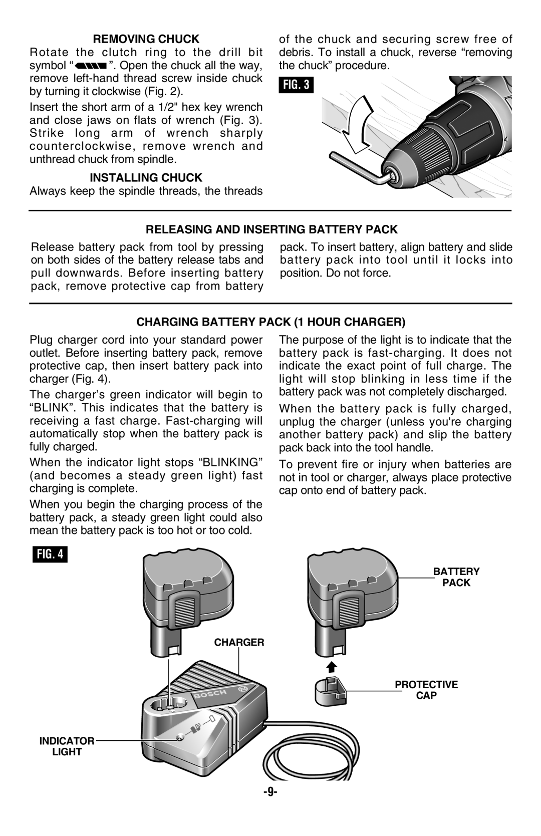 Bosch Power Tools 13614, 13618, 13624 manual Removing Chuck, Installing Chuck, Releasing and Inserting Battery Pack 