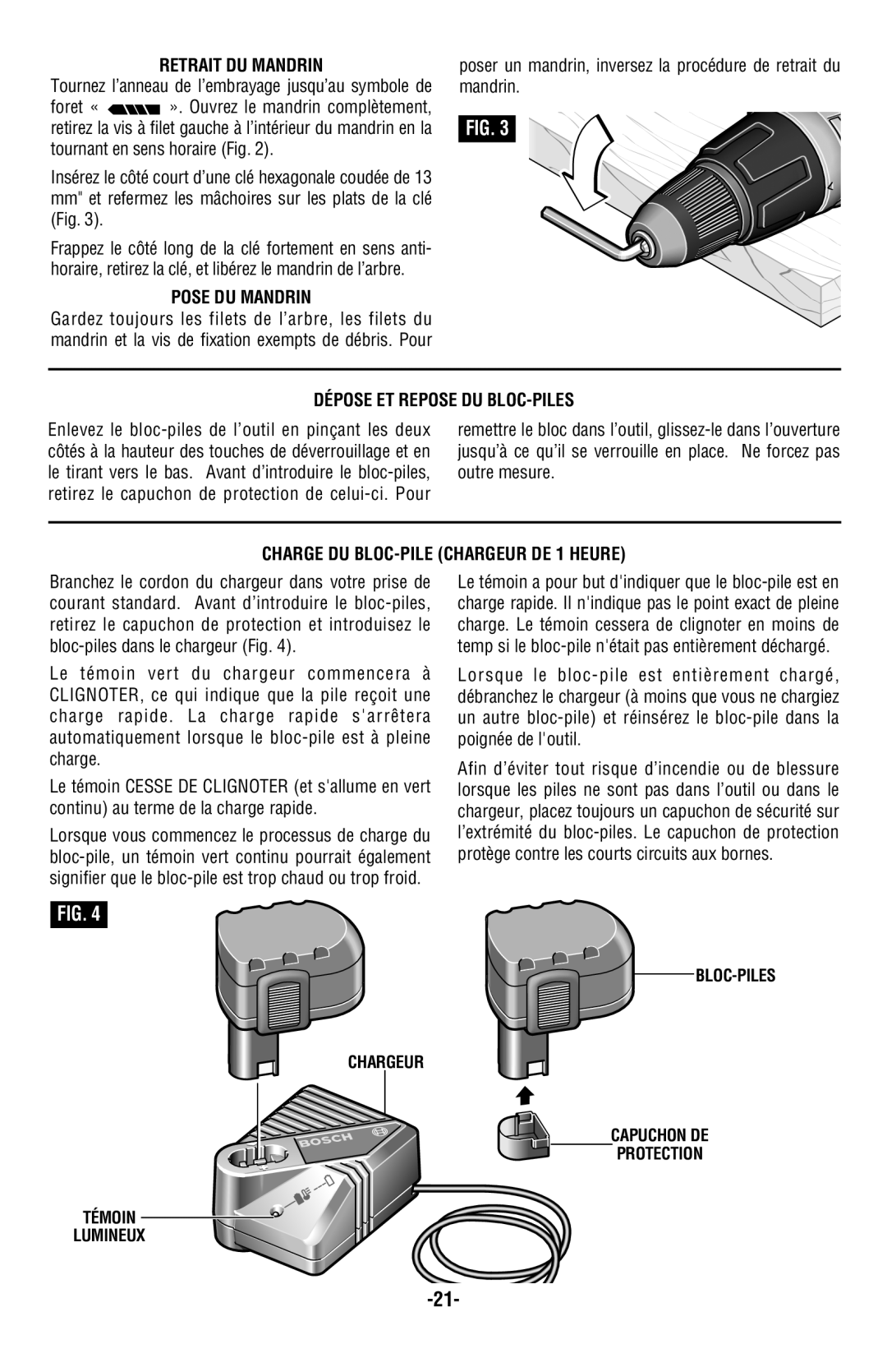 Bosch Power Tools 13614, 13618, 13624 manual Retrait Du Mandrin, Pose Du Mandrin, Dépose Et Repose Du Bloc-Piles 