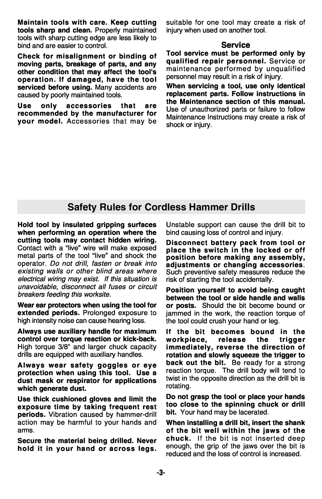 Bosch Power Tools 13614, 13618, 13624 manual Safety Rules for Cordless Hammer Drills, Service 