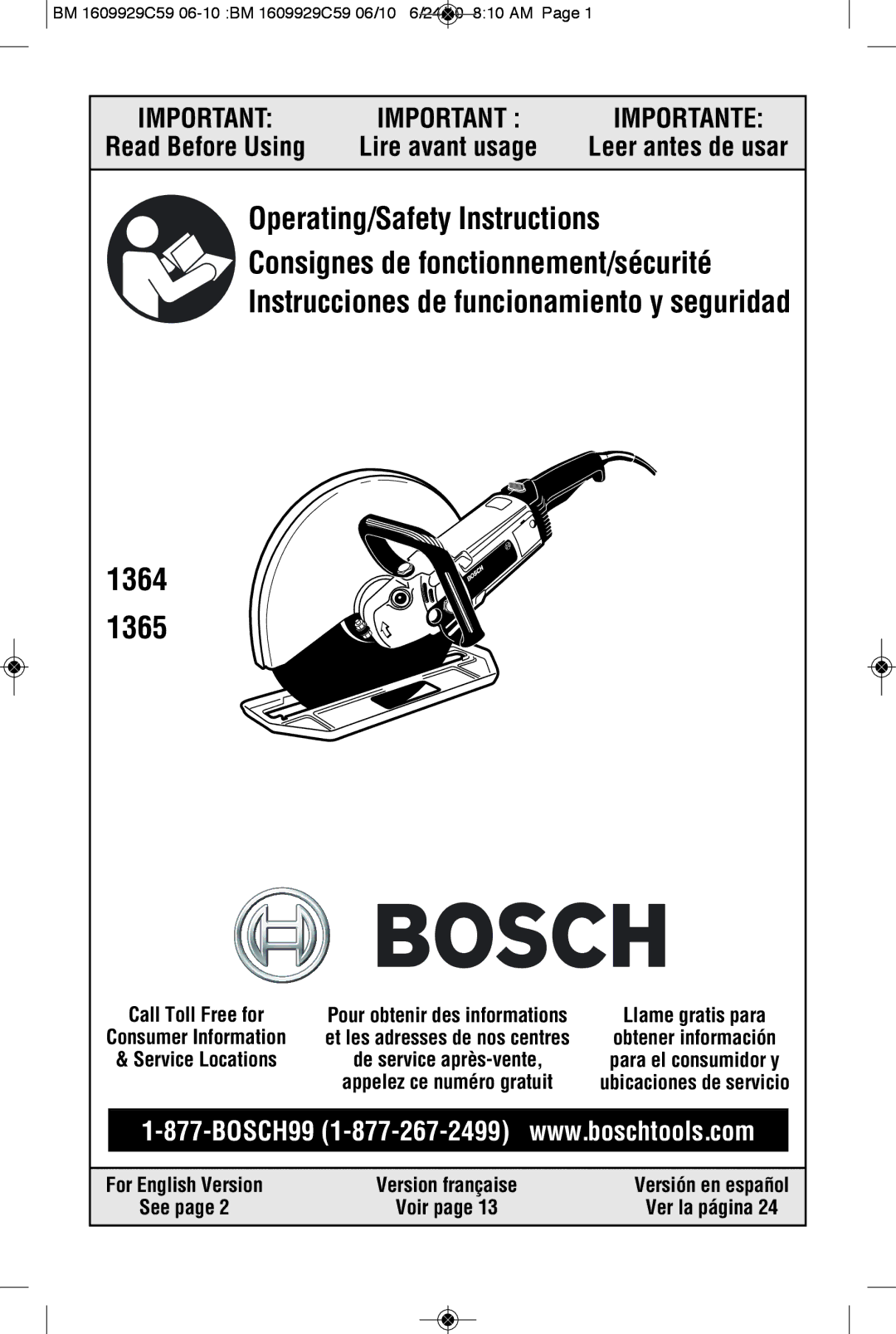 Bosch Power Tools 1364K, 1365K manual Leer antes de usar, Call Toll Free for, See Voir Ver la página 