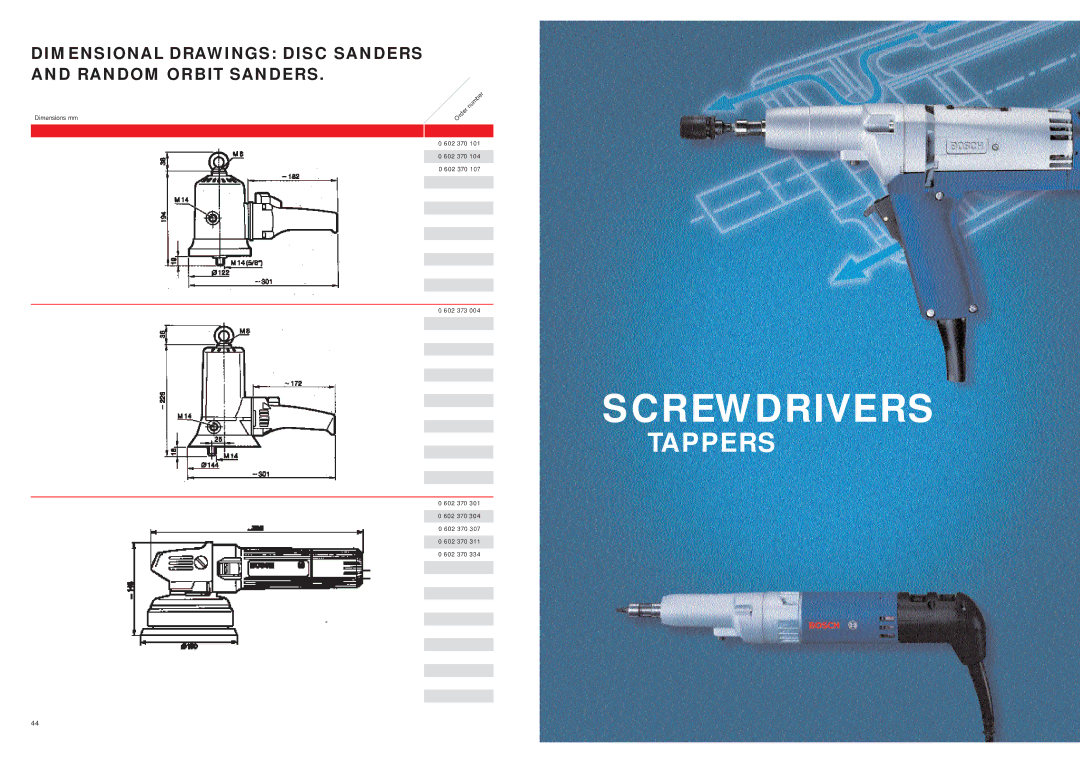 Bosch Power Tools 1375AK, 1375-01 manual Screwdrivers, Dimensional Drawings Disc Sanders Random Orbit Sanders 