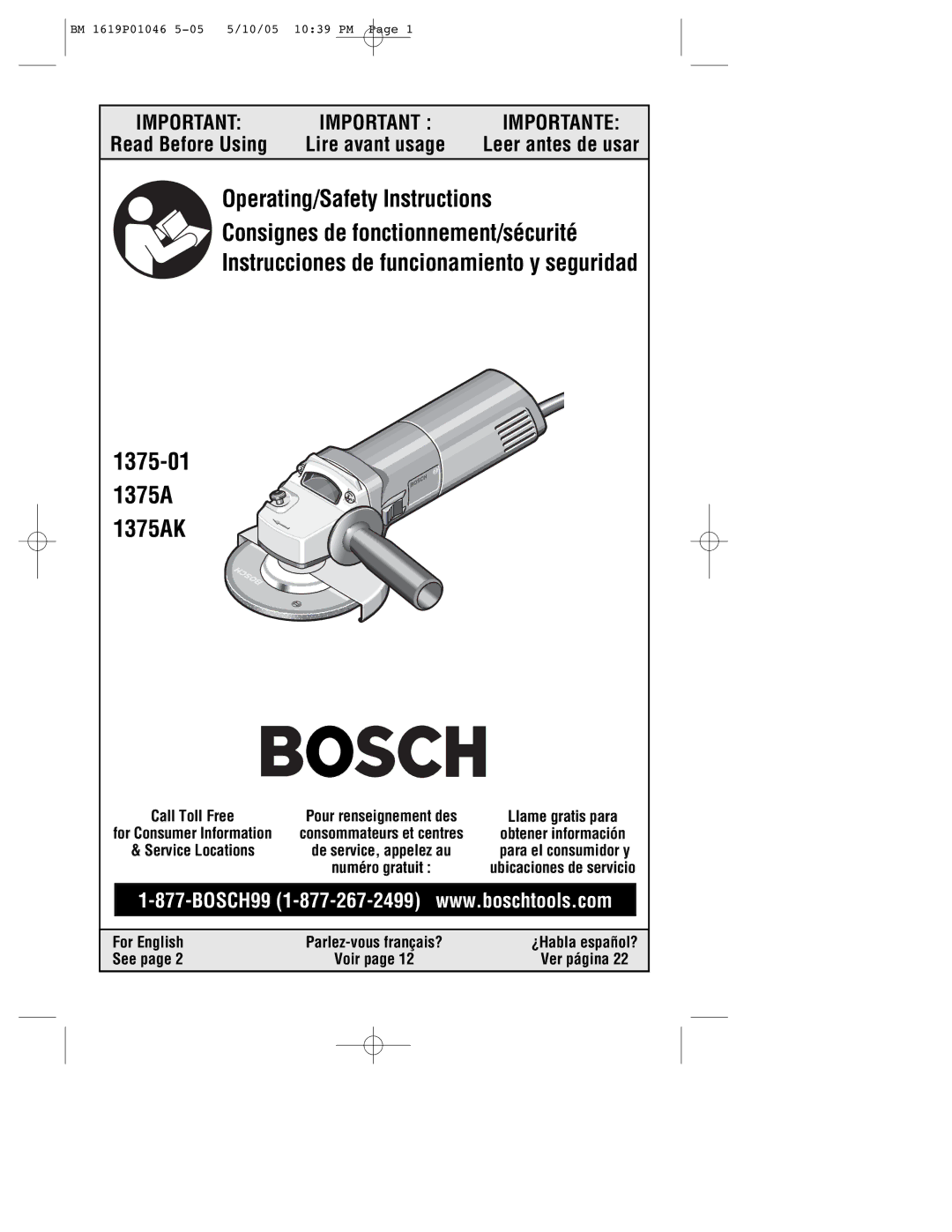 Bosch Power Tools 1375A manual For English, See, Call Toll Free, For Consumer Information 