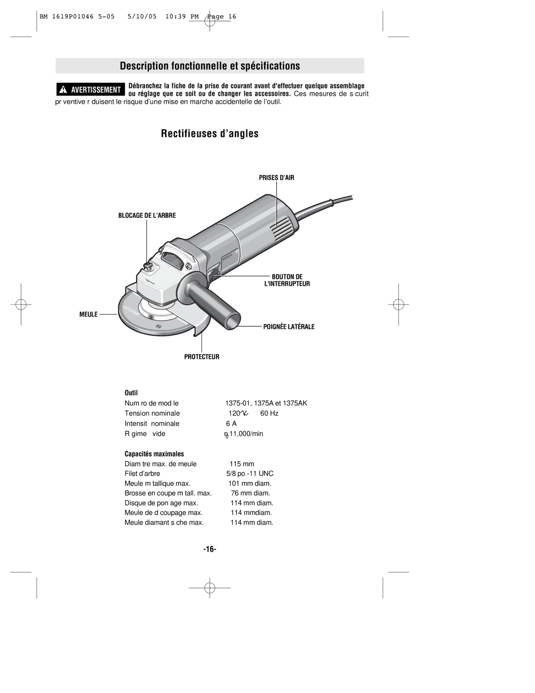 Bosch Power Tools 1375A manual Description fonctionnelle et spécifications, Rectifieuses d’angles, Outil, Numéro de modèle 