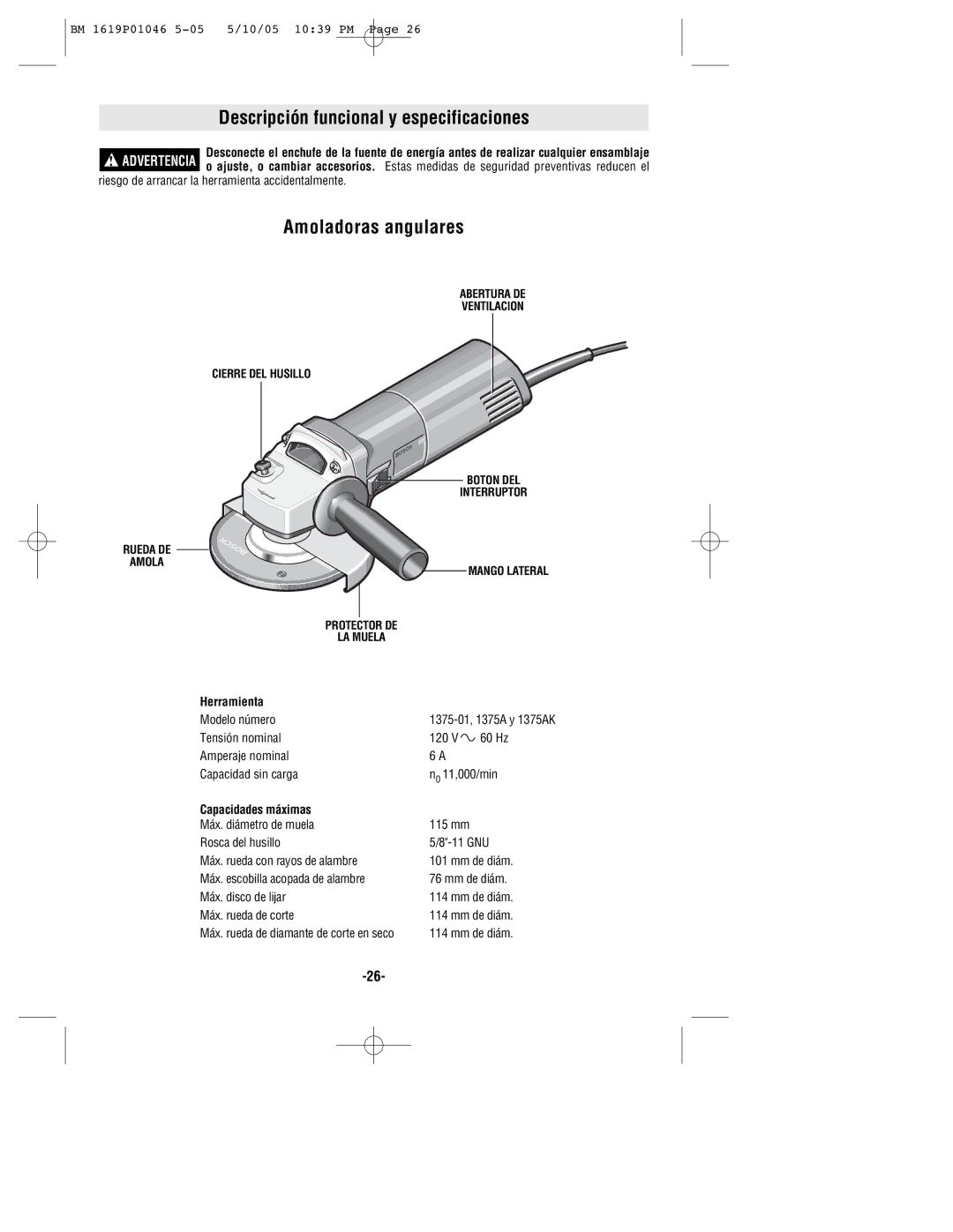 Bosch Power Tools 1375A Descripción funcional y especificaciones, Amoladoras angulares, Herramienta, Capacidades máximas 