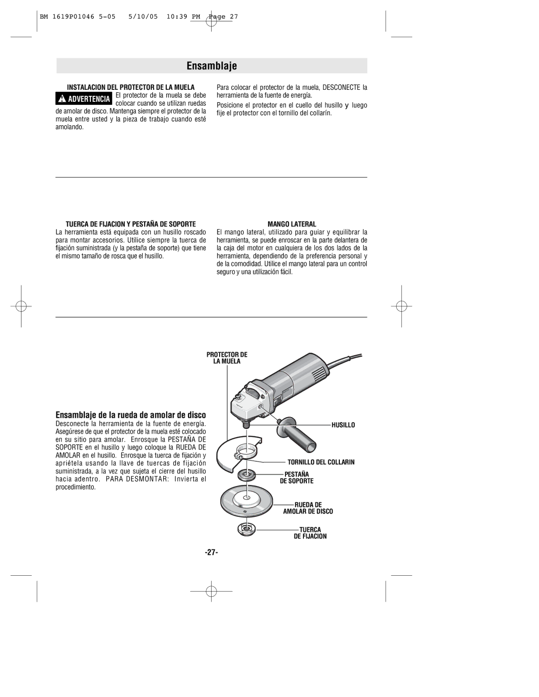 Bosch Power Tools 1375A manual Ensamblaje de la rueda de amolar de disco, Mango Lateral 