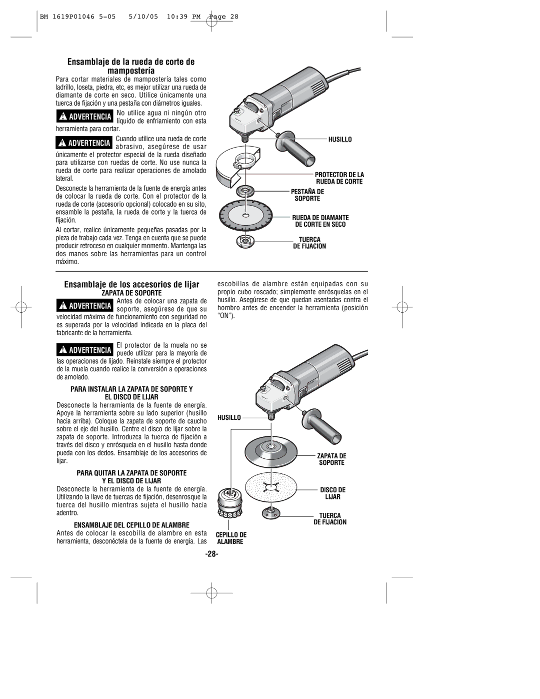 Bosch Power Tools 1375A manual Ensamblaje de la rueda de corte de Mampostería, Ensamblaje de los accesorios de lijar 