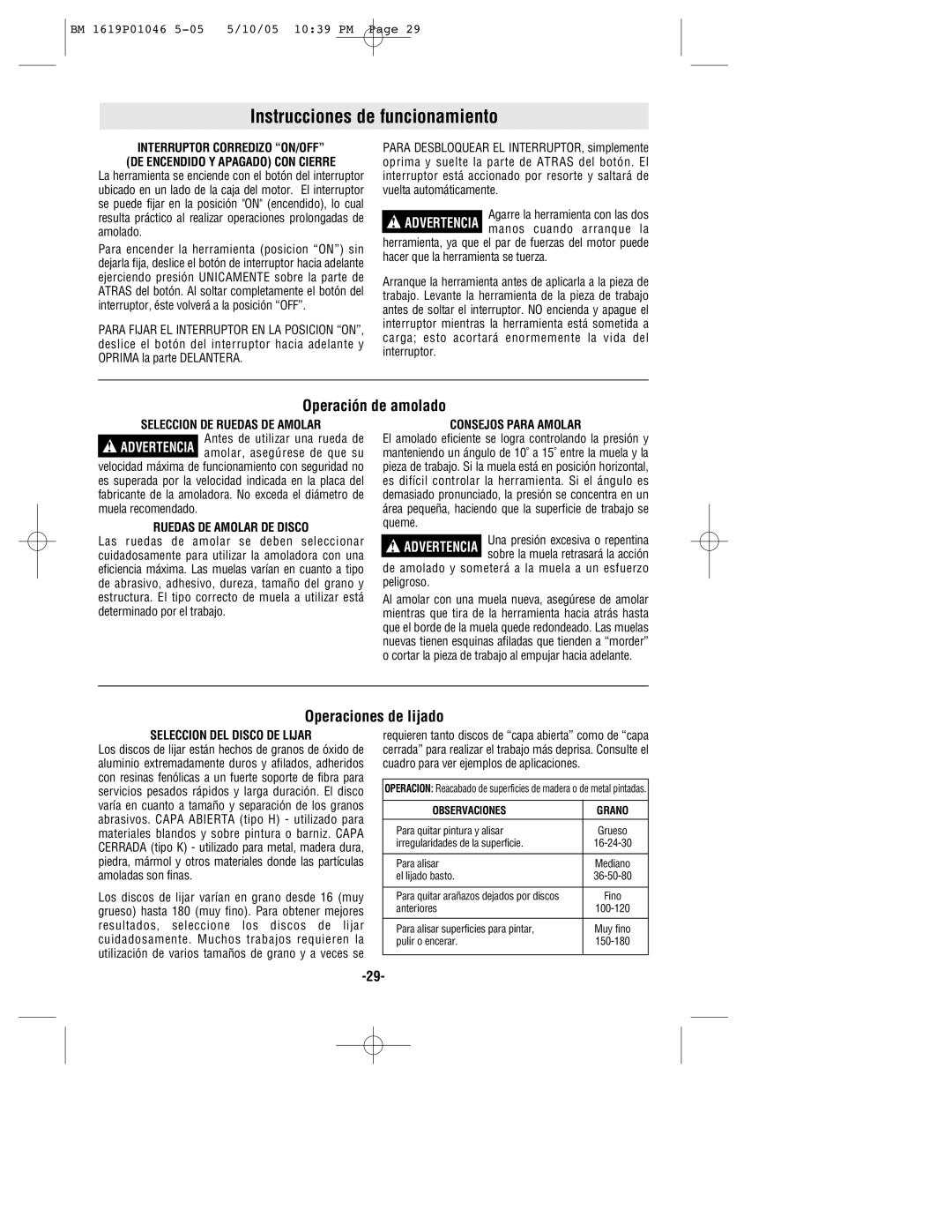 Bosch Power Tools 1375A manual Instrucciones de funcionamiento, Operación de amolado, Operaciones de lijado 