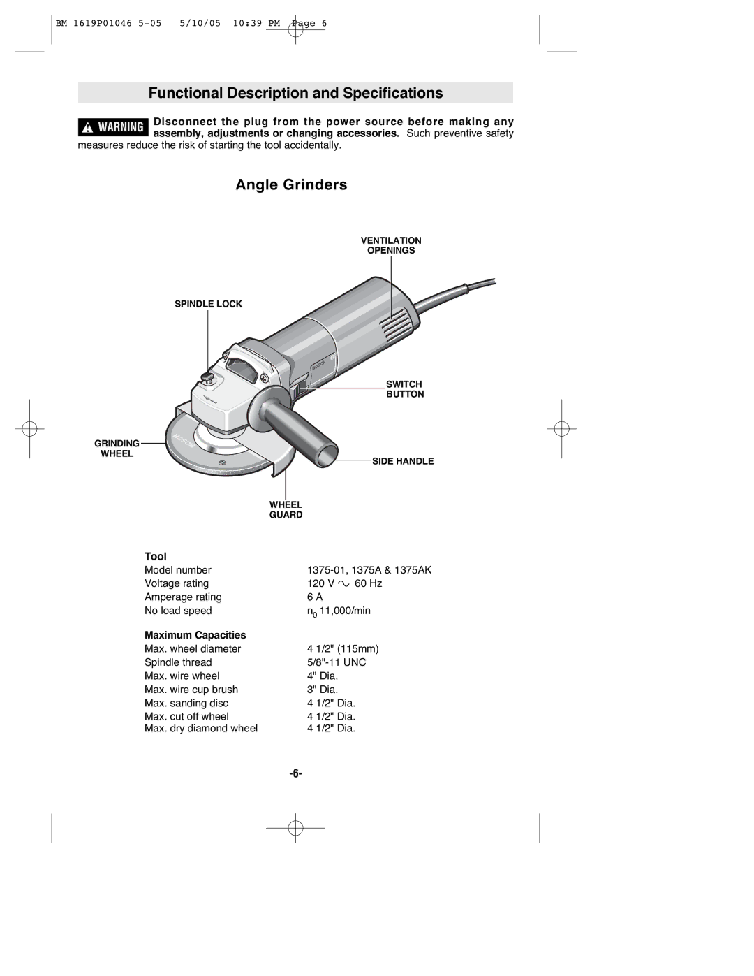 Bosch Power Tools 1375A manual Functional Description and Specifications, Angle Grinders, Tool, Maximum Capacities 