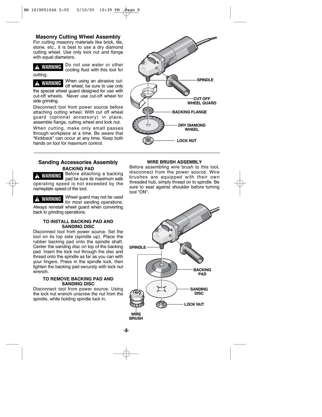 Bosch Power Tools 1375A manual Masonry Cutting Wheel Assembly, Sanding Accessories Assembly 