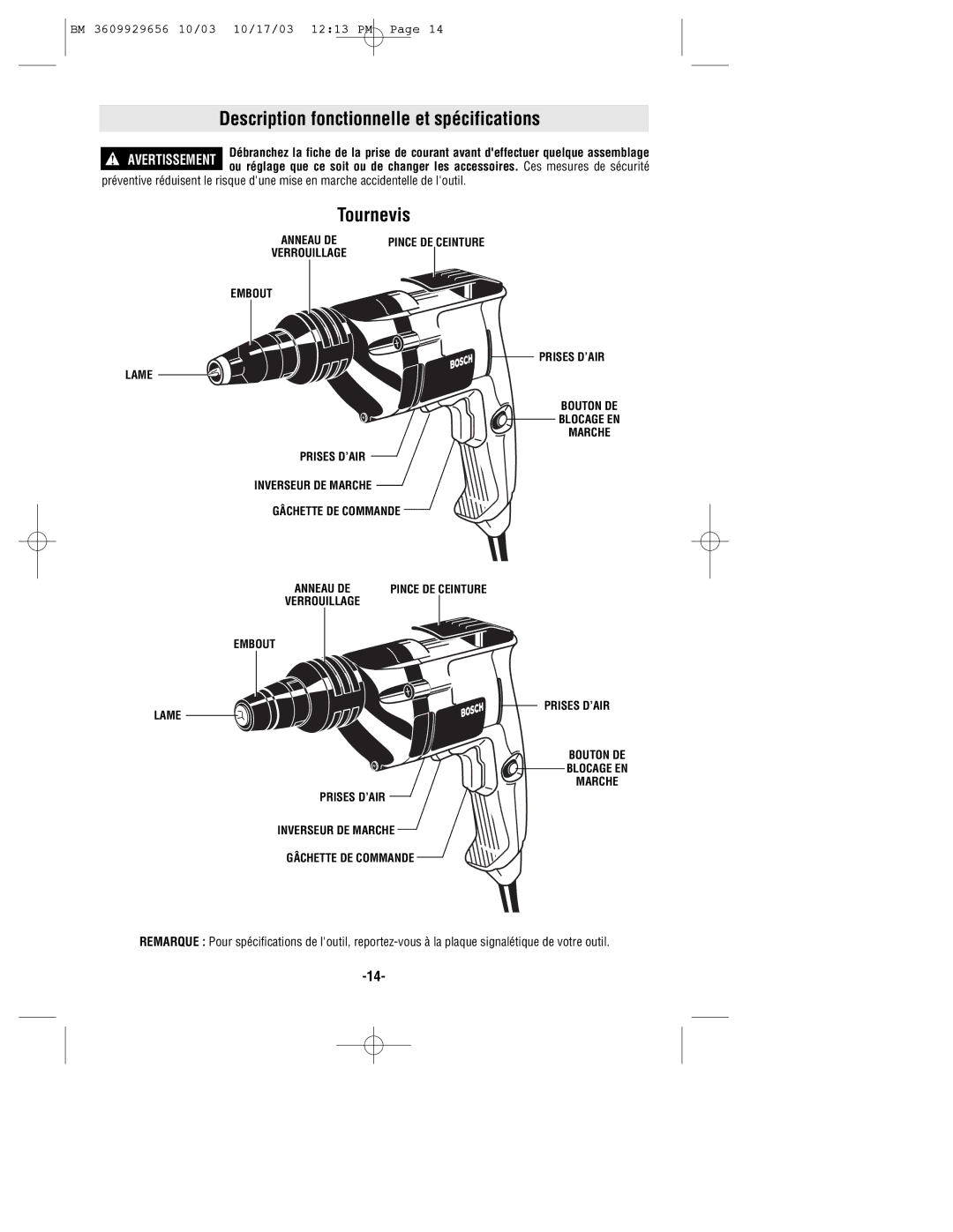 Bosch Power Tools 1423VSR, 1422VSR, 1405VSR, 1404VSRL, 1421VSR, 1420VSR Description fonctionnelle et spécifications, Tournevis 