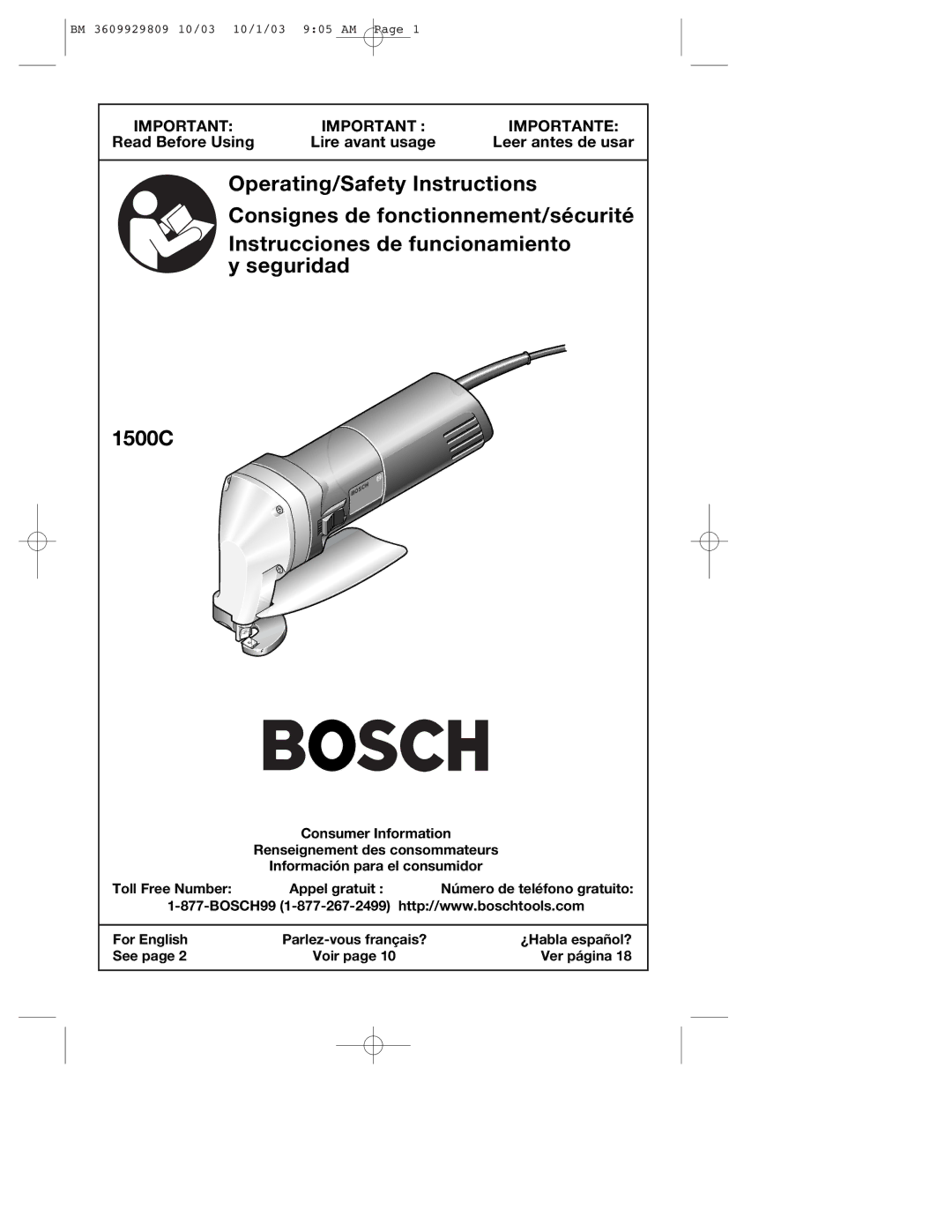 Bosch Power Tools 1500C manual Operating/Safety Instructions 