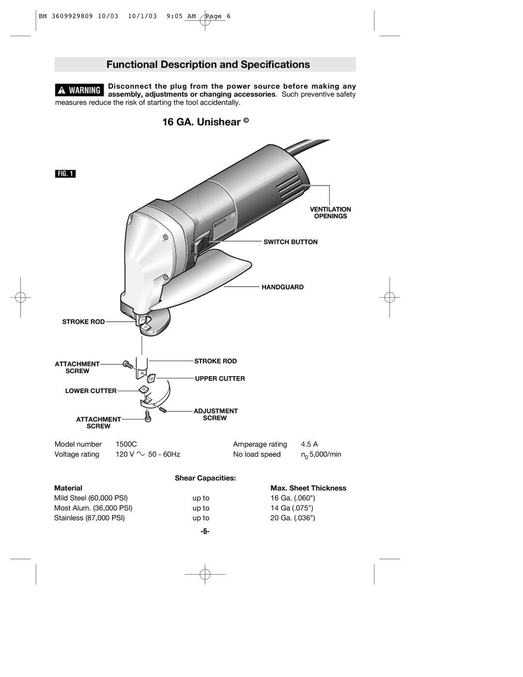 Bosch Power Tools 1500C manual Functional Description and Specifications, 16 GA. Unishear 