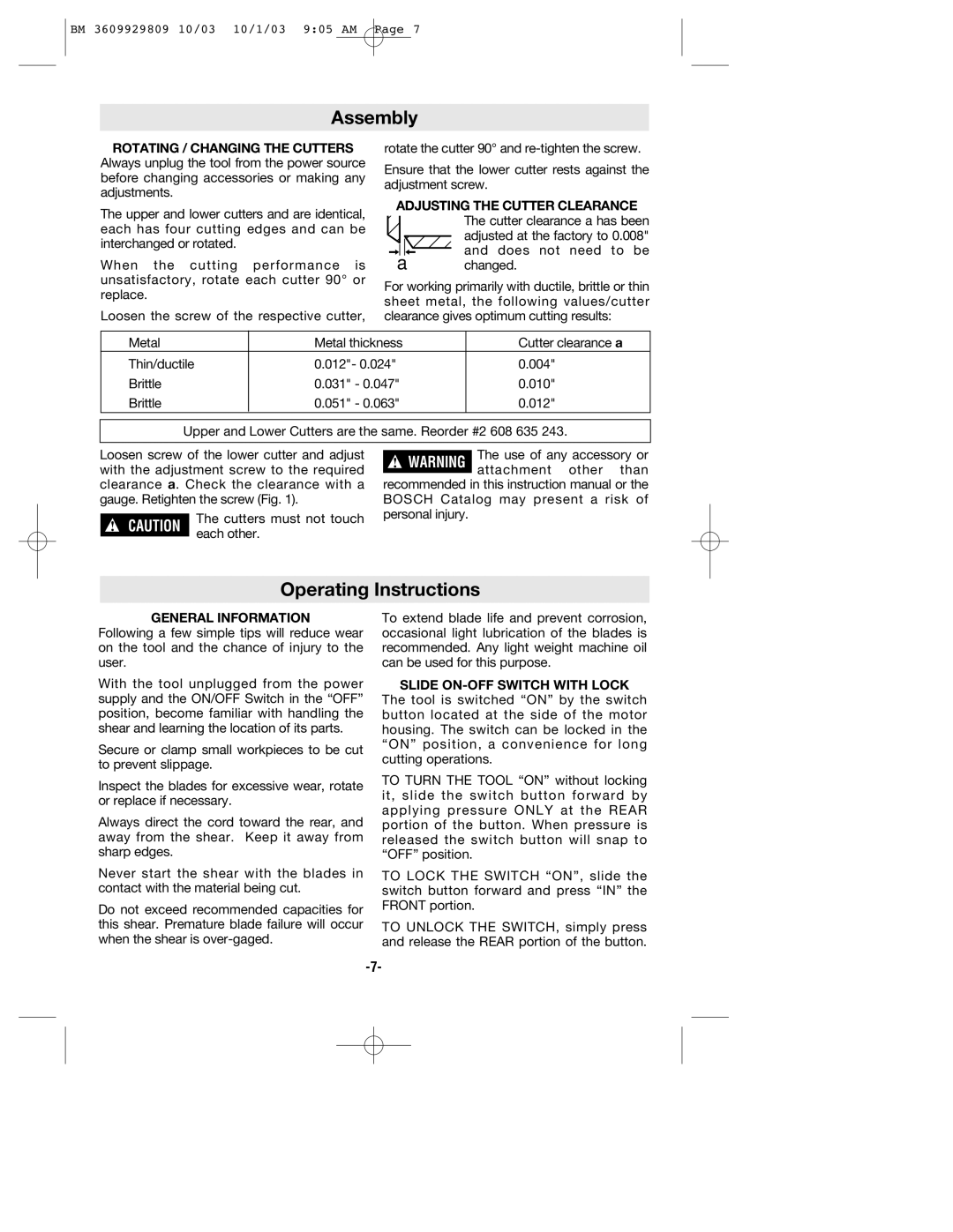 Bosch Power Tools 1500C manual Assembly, Operating Instructions 