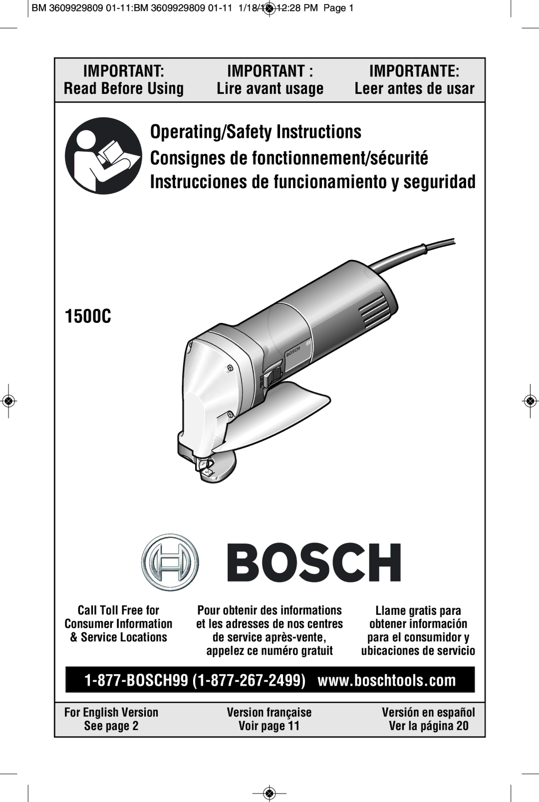 Bosch Power Tools 1500C manual Read Before Using, Leer antes de usar, See, Ver la página 