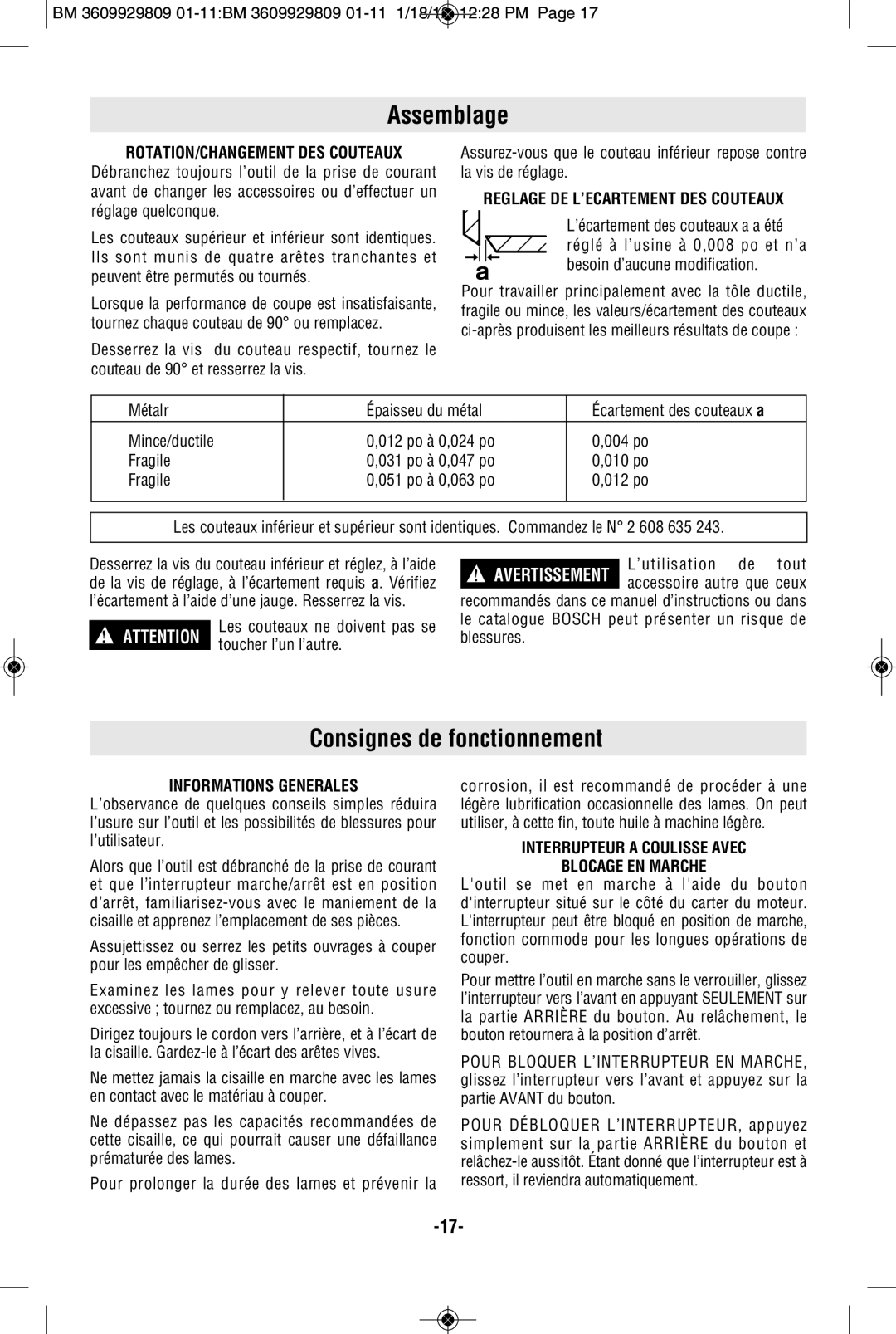 Bosch Power Tools 1500C manual Assemblage, Consignes de fonctionnement 