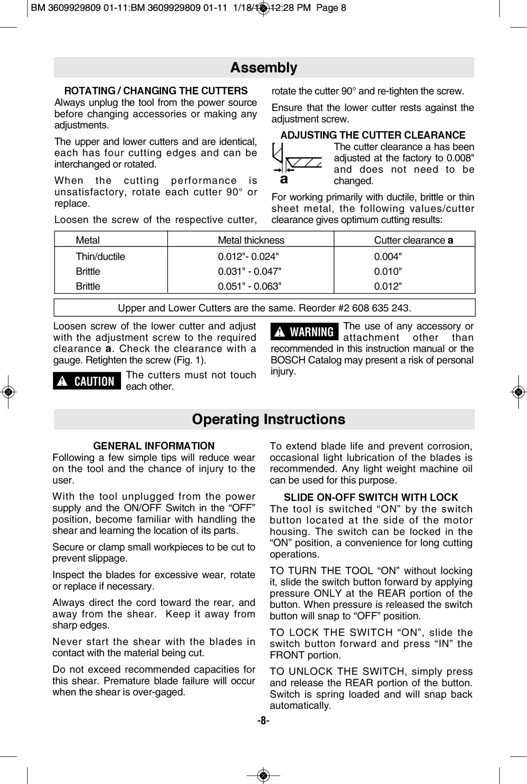 Bosch Power Tools 1500C manual Assembly, Operating Instructions, ADjUSTING the Cutter Clearance, General Information 