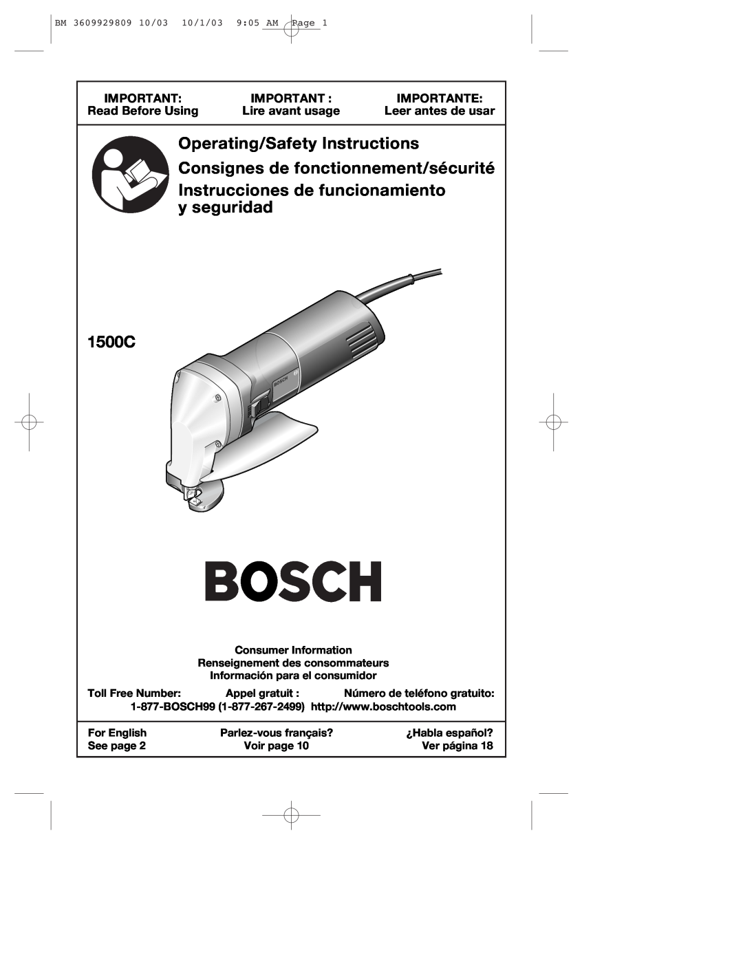 Bosch Power Tools 1500C manual Importante, Read Before Using, Lire avant usage, Leer antes de usar, y seguridad 