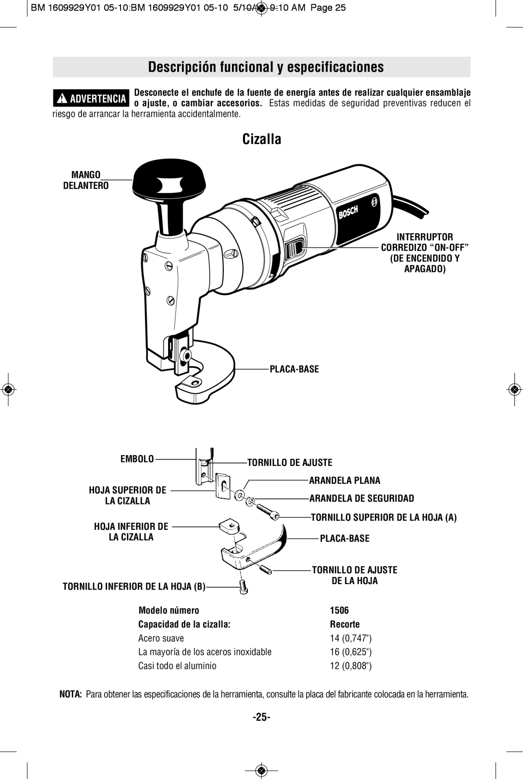 Bosch Power Tools 1506 manual Descripción funcional y especificaciones, Cizalla, Modelo número Capacidad de la cizalla 