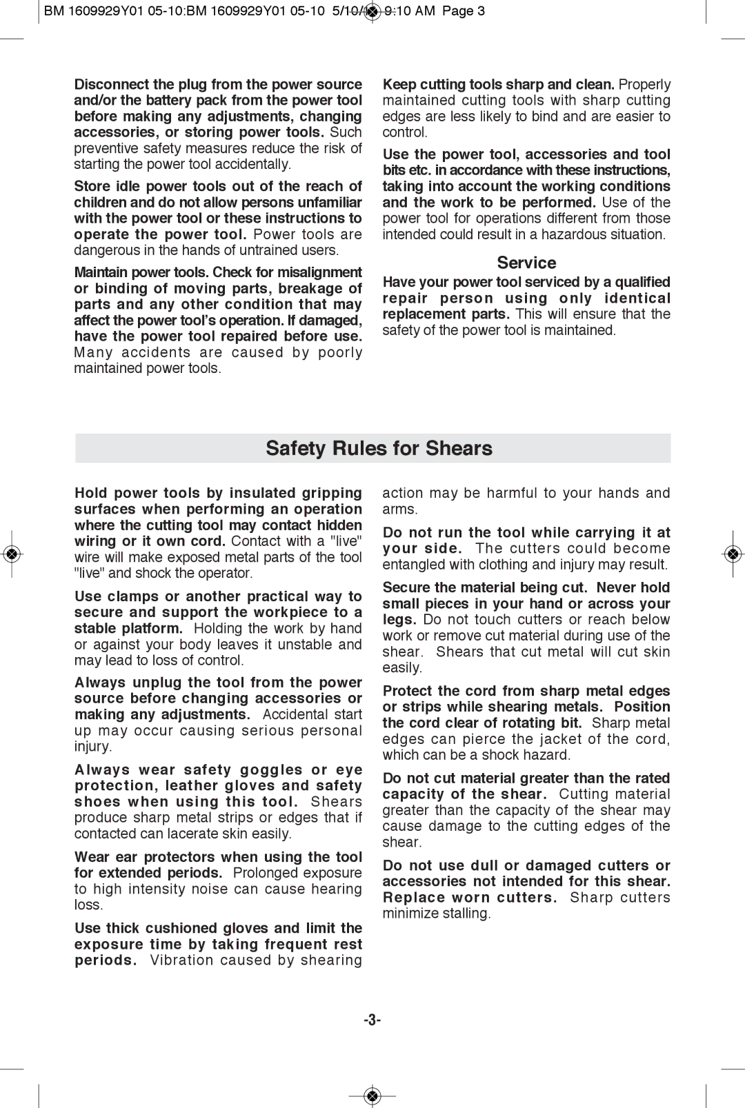 Bosch Power Tools 1506 manual Safety Rules for Shears, Service 