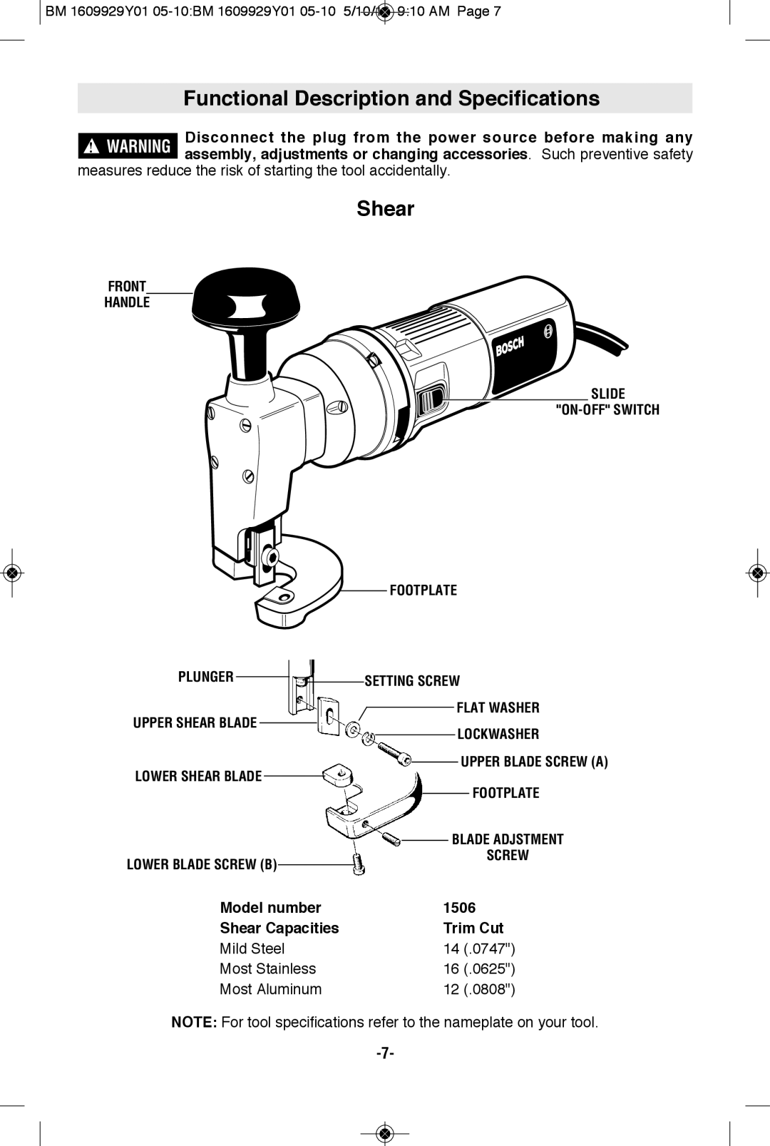 Bosch Power Tools manual Functional Description and Specifications, Model number 1506 Shear Capacities Trim Cut 