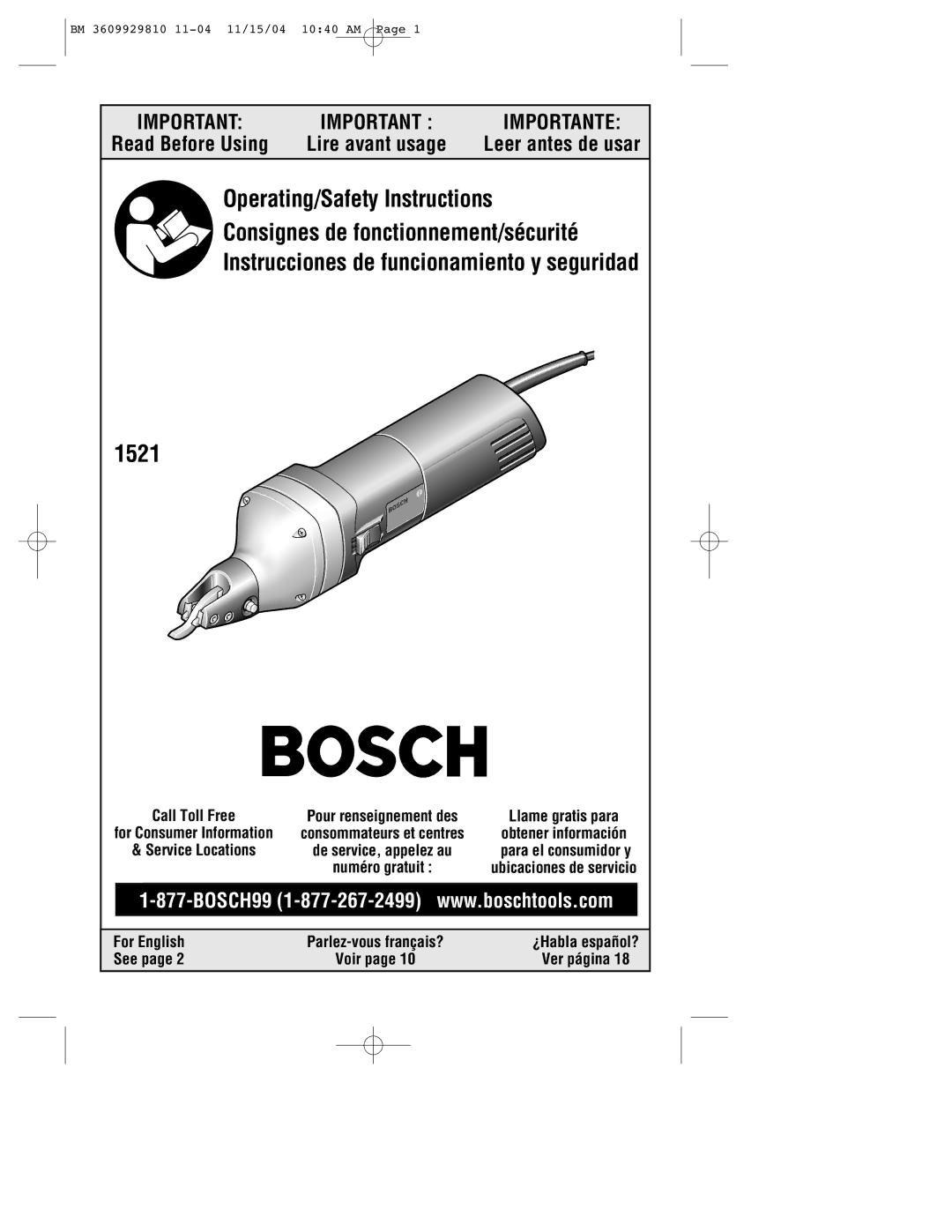 Bosch Power Tools 1521 manual Call Toll Free, Service Locations, For English, See 